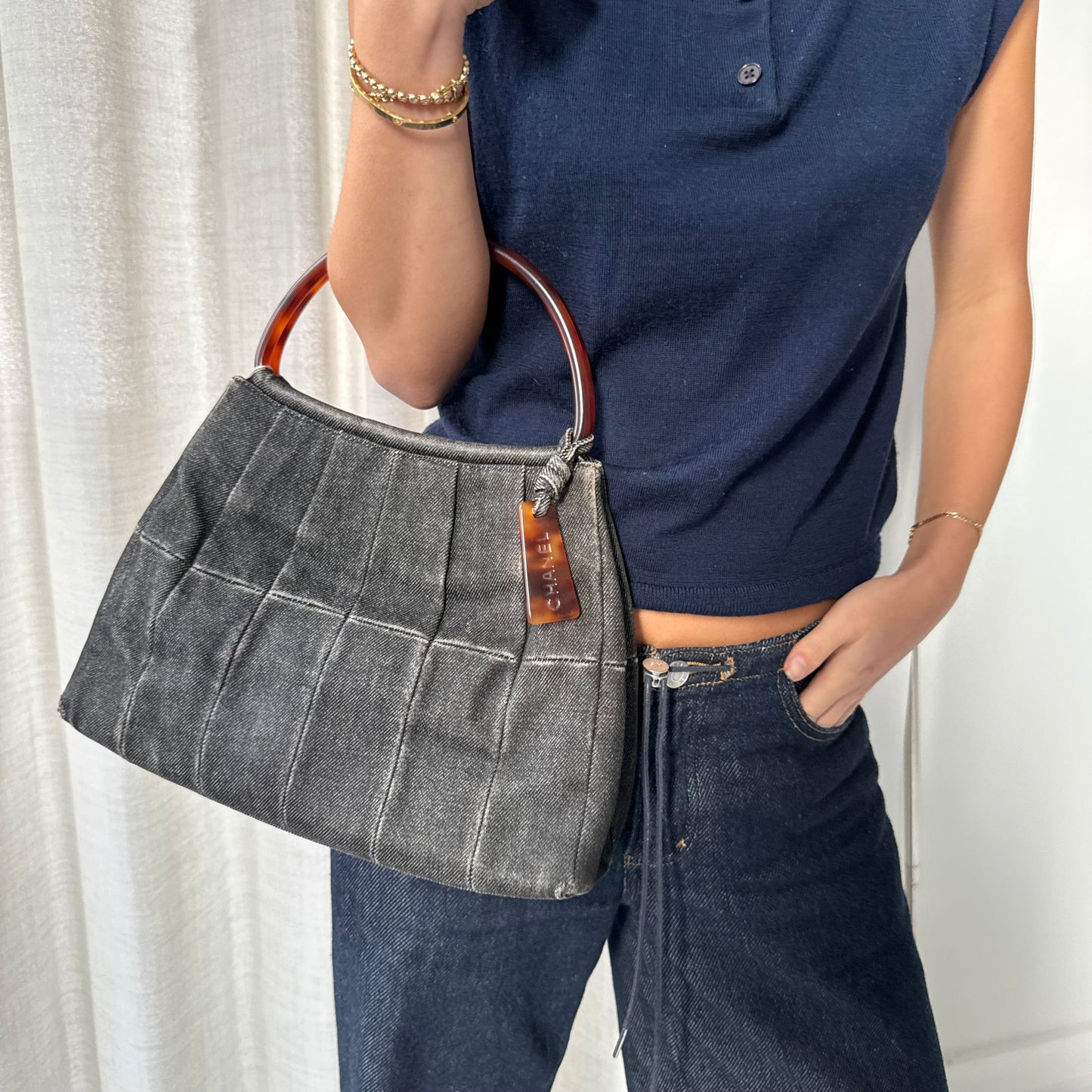 Chanel Black Denim Pleated Tortoise Shell Handle Tote Bag