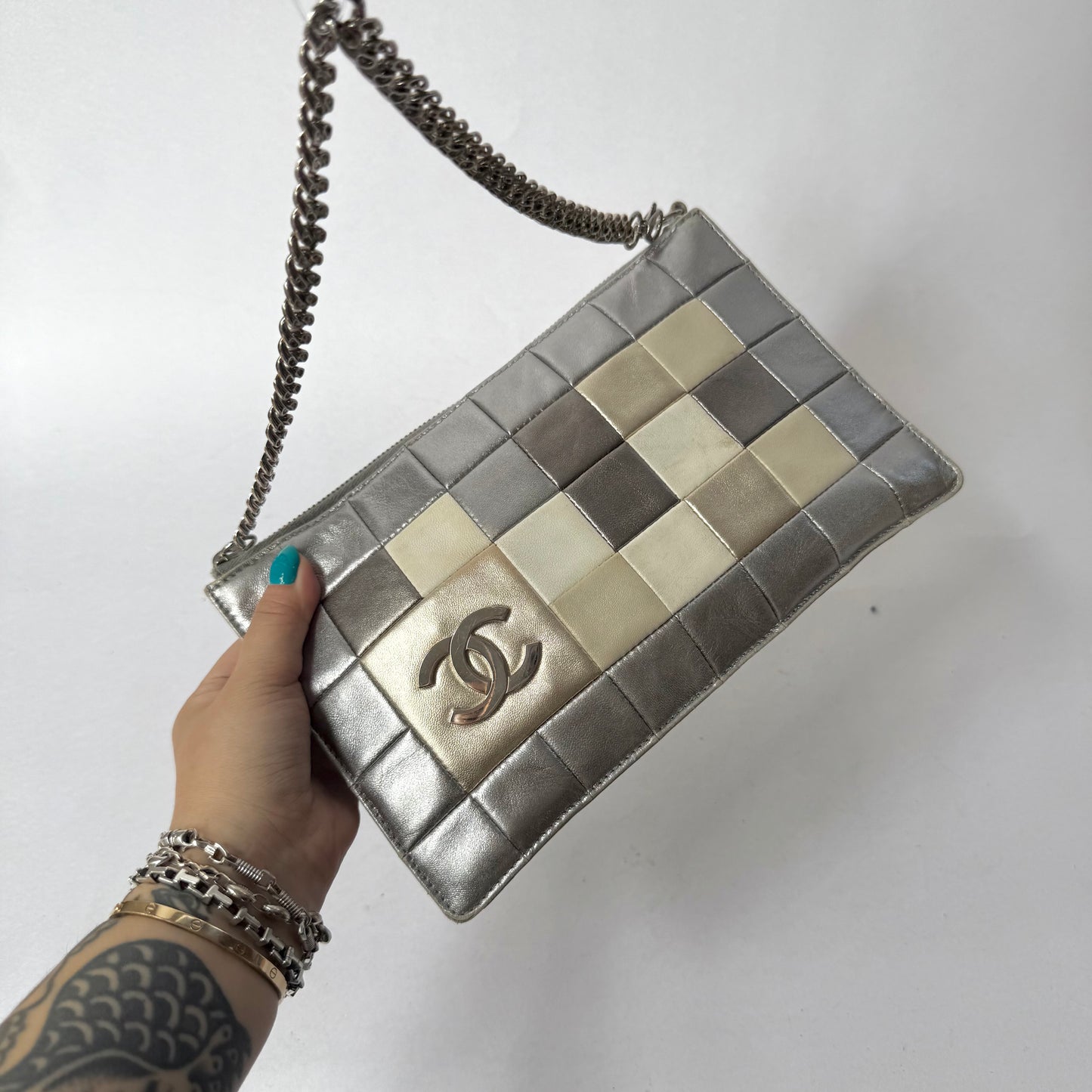 Chanel Silver Multicolor Leather Chocolate Bag Clutch