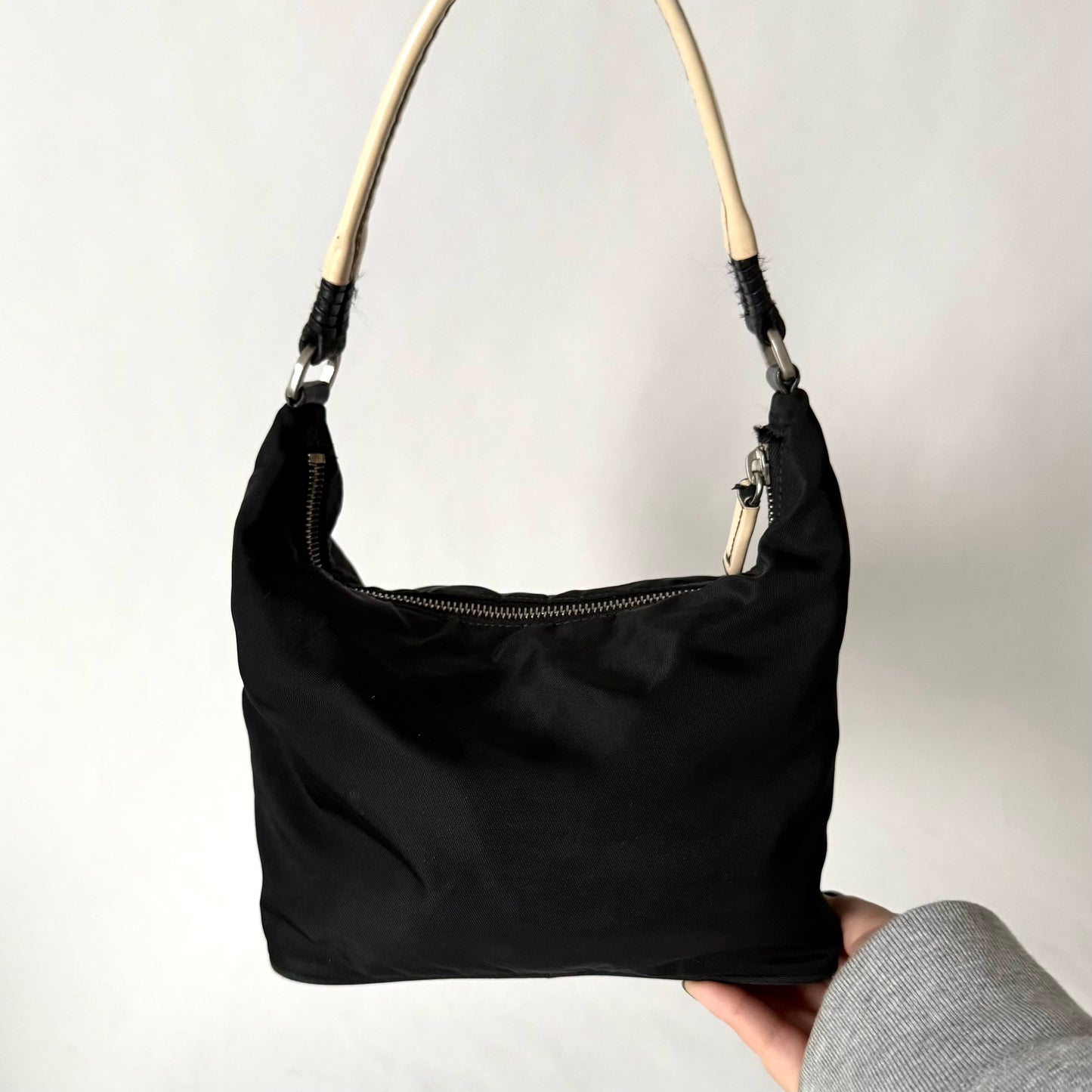 Prada Black Nylon Shoulder Bag w/ White Strap