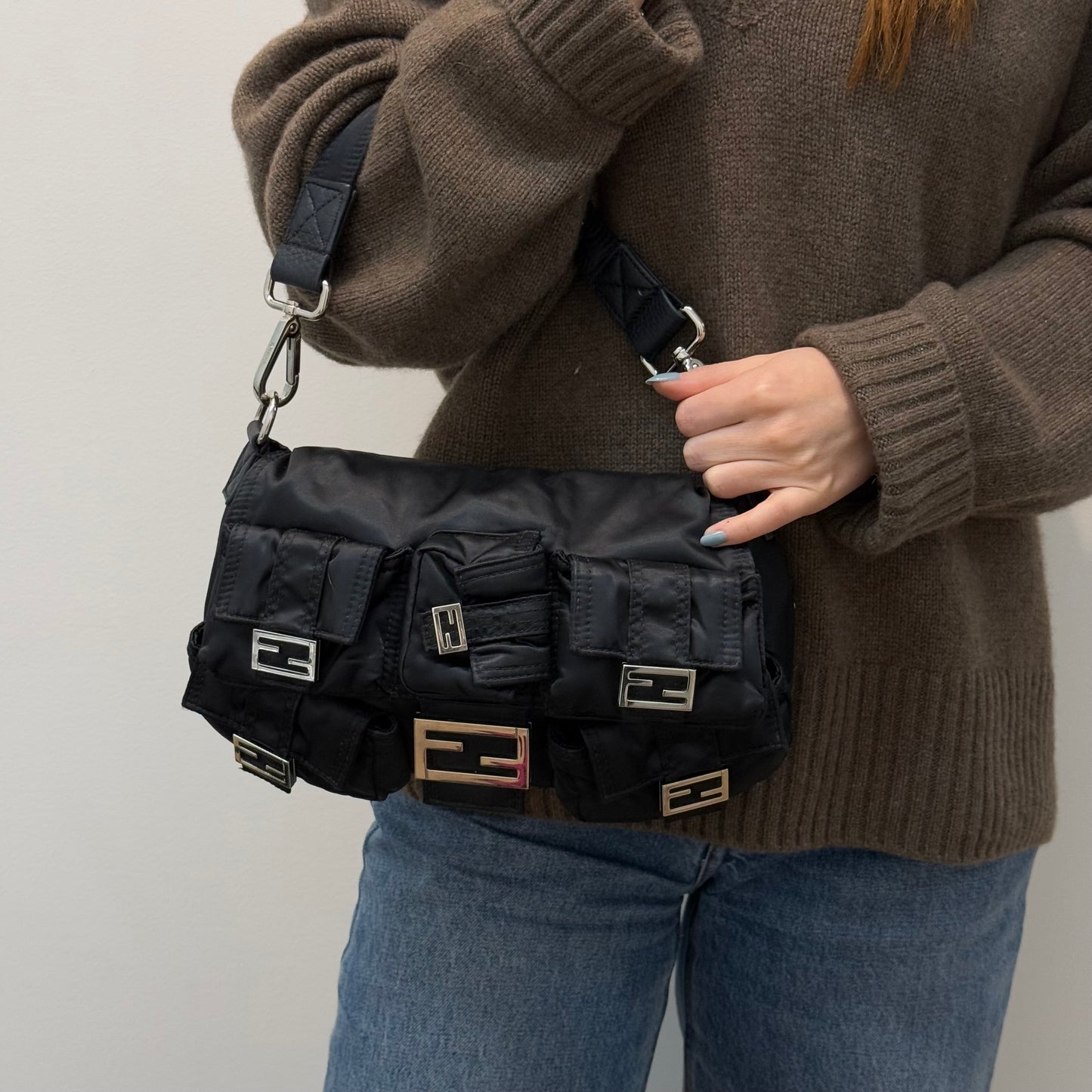 Fendi AW22 Multi Pocket Black Nylon Baguette