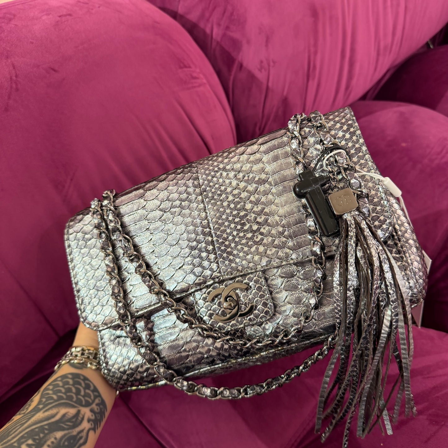 Chanel 2007 Silver Python Soho Tassel Flap Bag