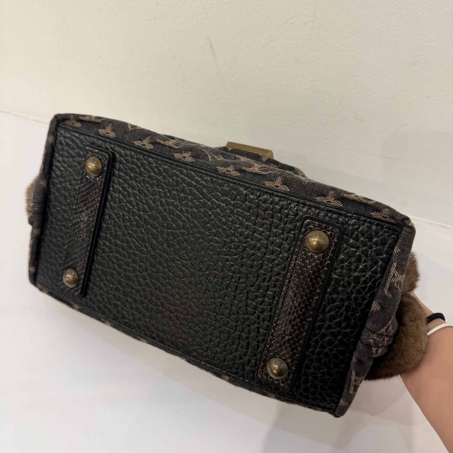 Louis Vuitton Brown Monogram Denim Chinchilla Demi Lune Bowler Bag