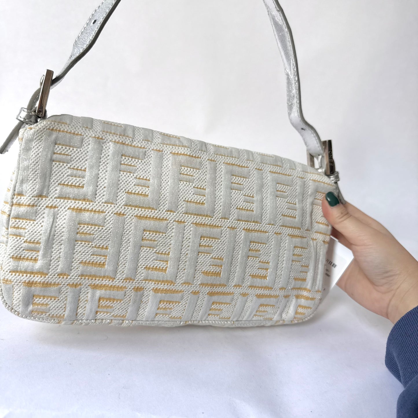 Fendi Cream Metallic Zucca Canvas Baguette Shoulder Bag