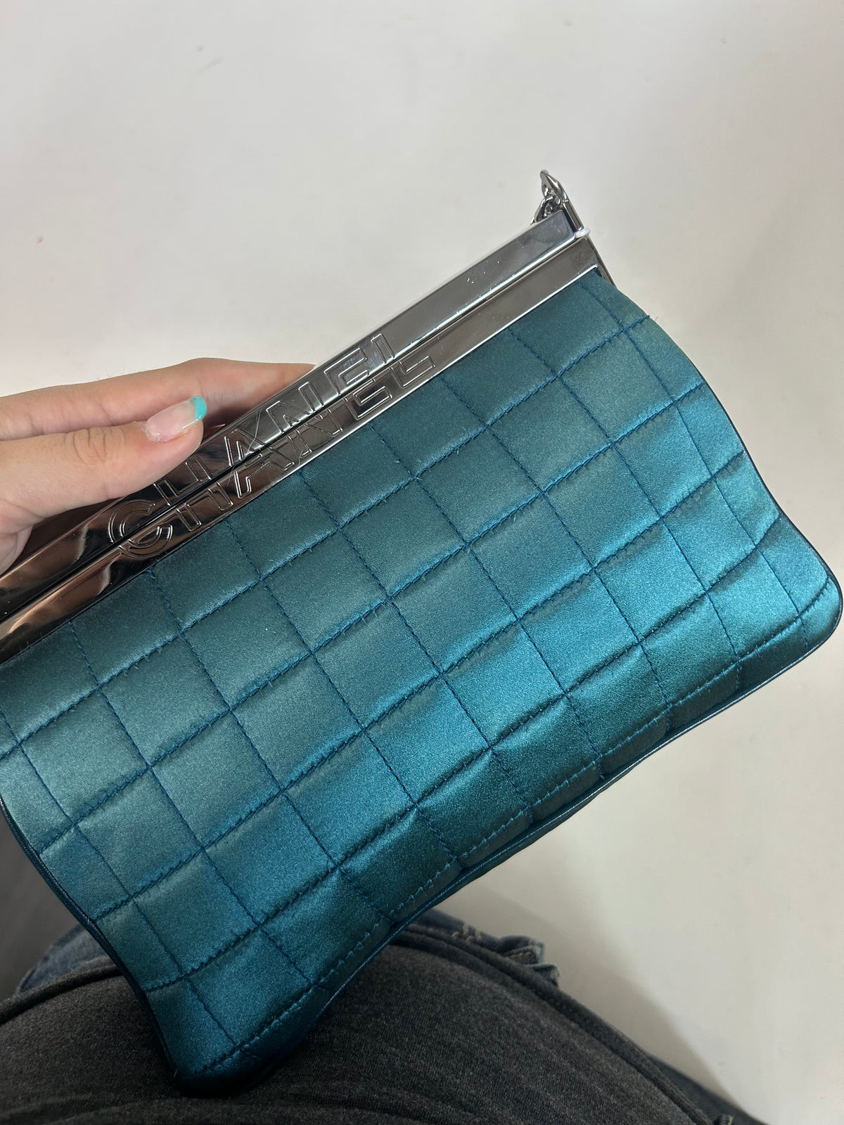 Chanel Teal Satin Chocolate Bar Frame Bag