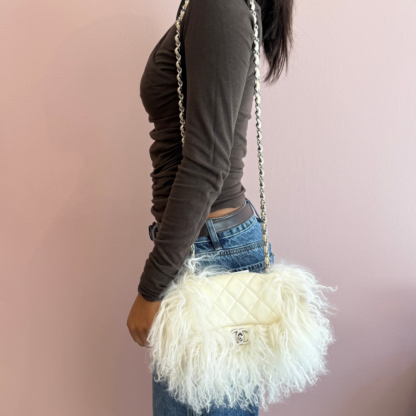 RARE Chanel White Lambskin & Mongolian Fur Mini Flap SHW