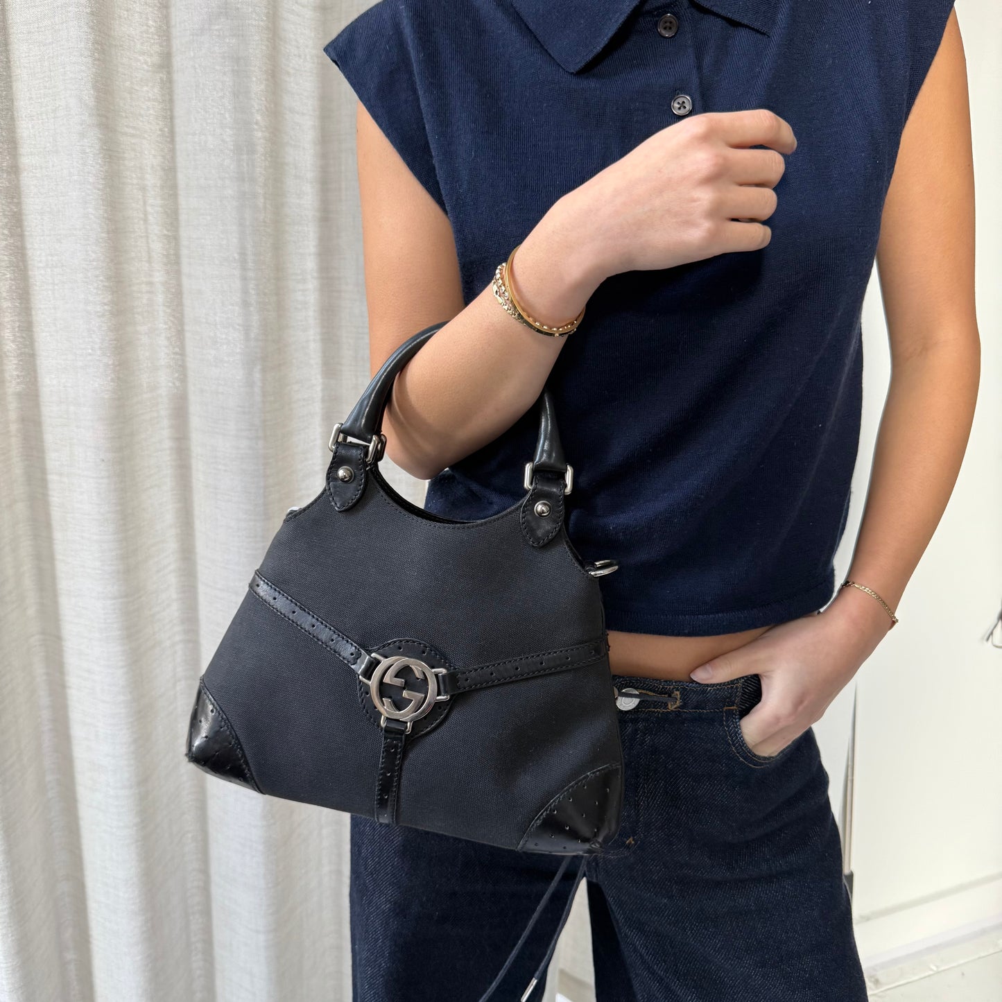 Gucci Black Canvas Interlocking Top Handle Tote Bag