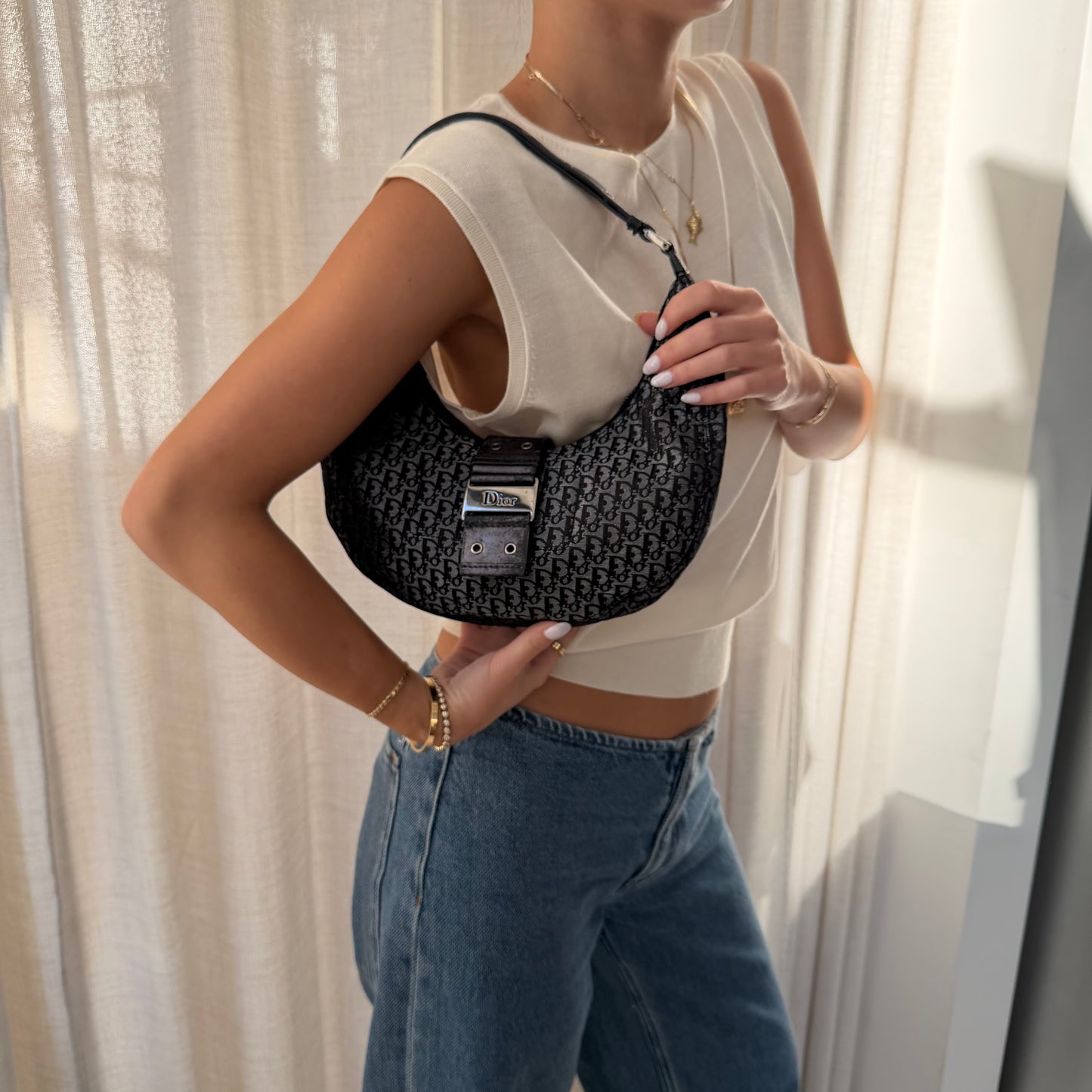 Christian Dior Black Trotter Canvas Street Chic Small Croissant Hobo Bag