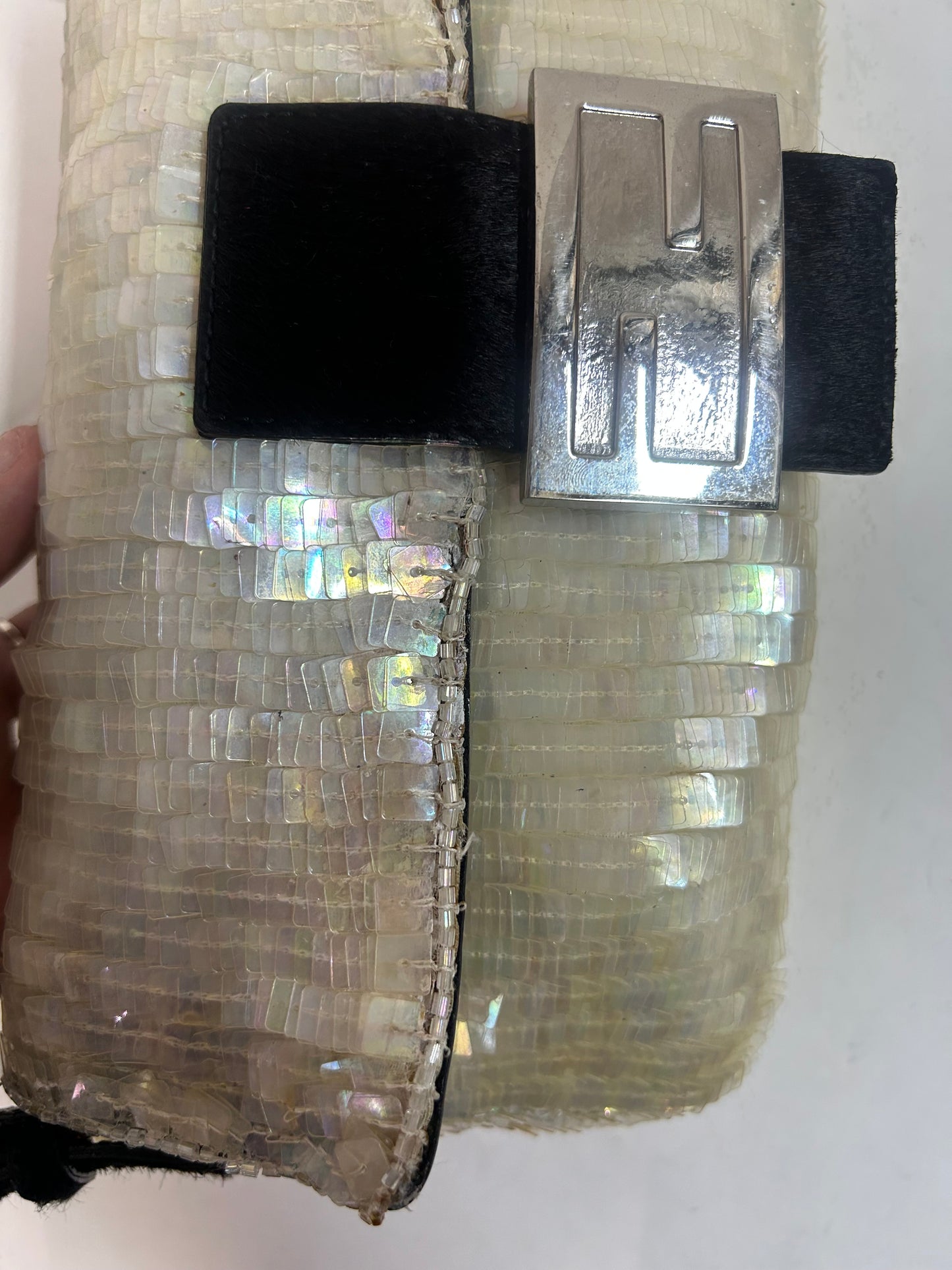 Fendi Ivory Shimmer Sequin & Beaded Baguette with Ponyhair Shoulder Bag