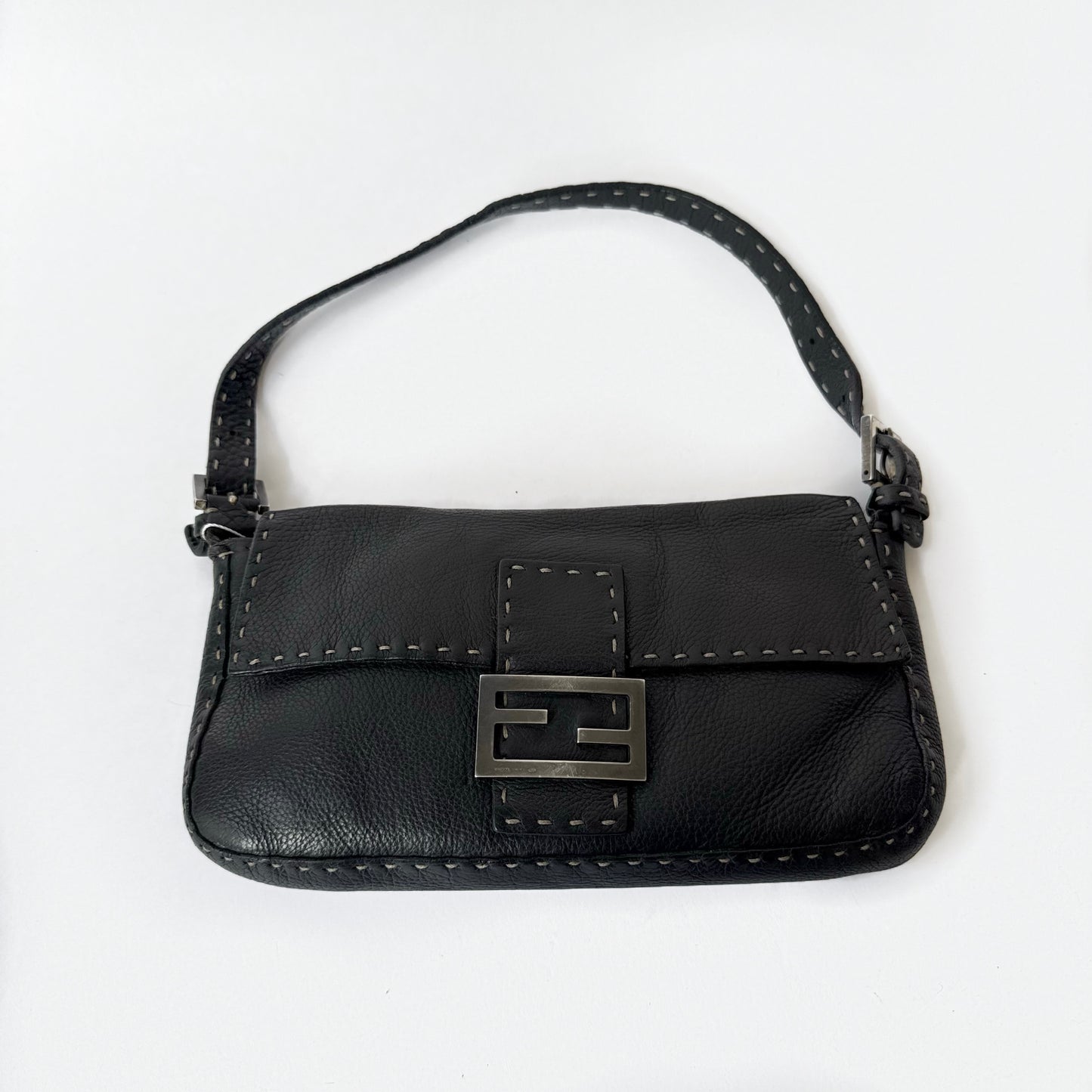 Fendi Black Selleria Leather Stitched Baguette Shoulder Bag
