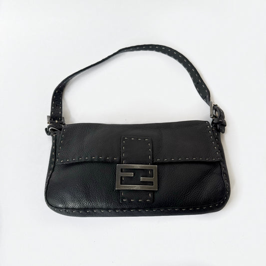 Fendi Black Selleria Leather Stitched Baguette Shoulder Bag