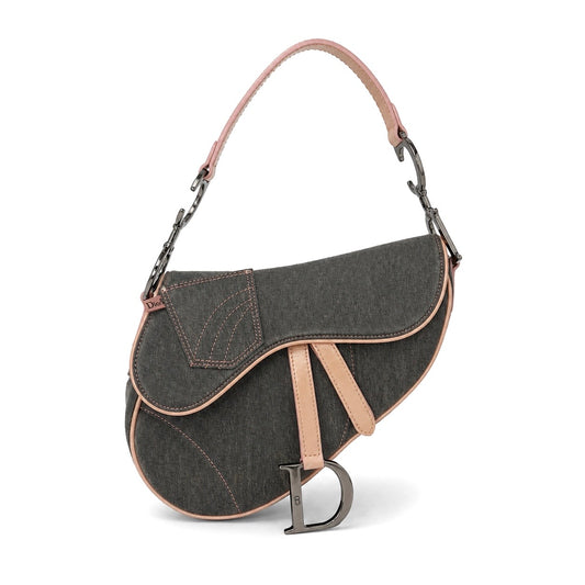 Christian Dior Gray Denim & Pink Patent Leather Saddle Shoulder Bag