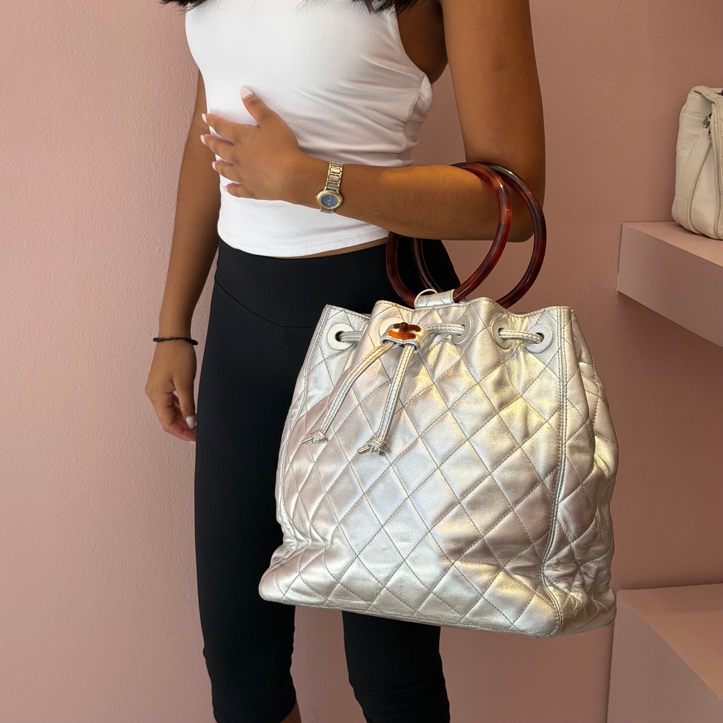 Chanel Metallic Silver Lambskin Quilted Drawstring Satchel Tortoiseshell Loop Handle