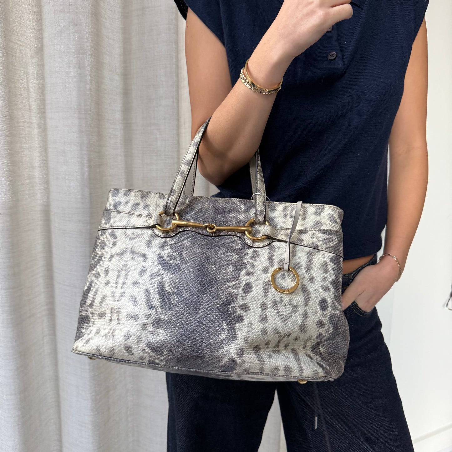 Gucci Gray Multicolored Python Horsebit Shoulder Bag