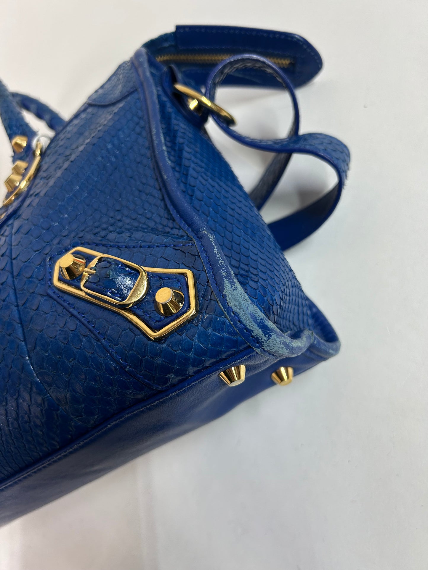 Balenciaga Blue Snakeskin Leather Small City Bag GHW