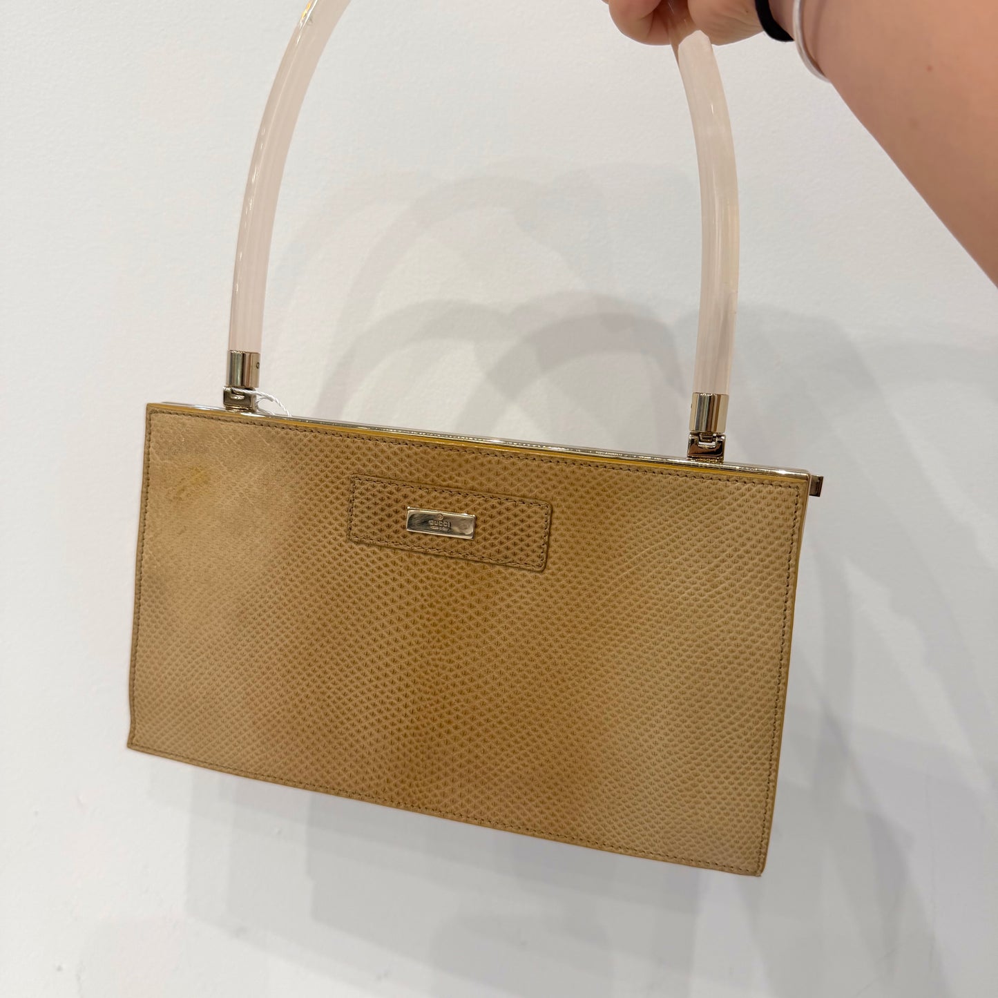 Gucci Brown Lizard Leather Acrylic Handle Shoulder Bag