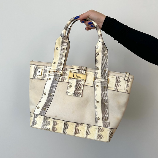 Christian Dior Cream & Snakeskin Leather Trim Street Chic Moto Shoulder Bag