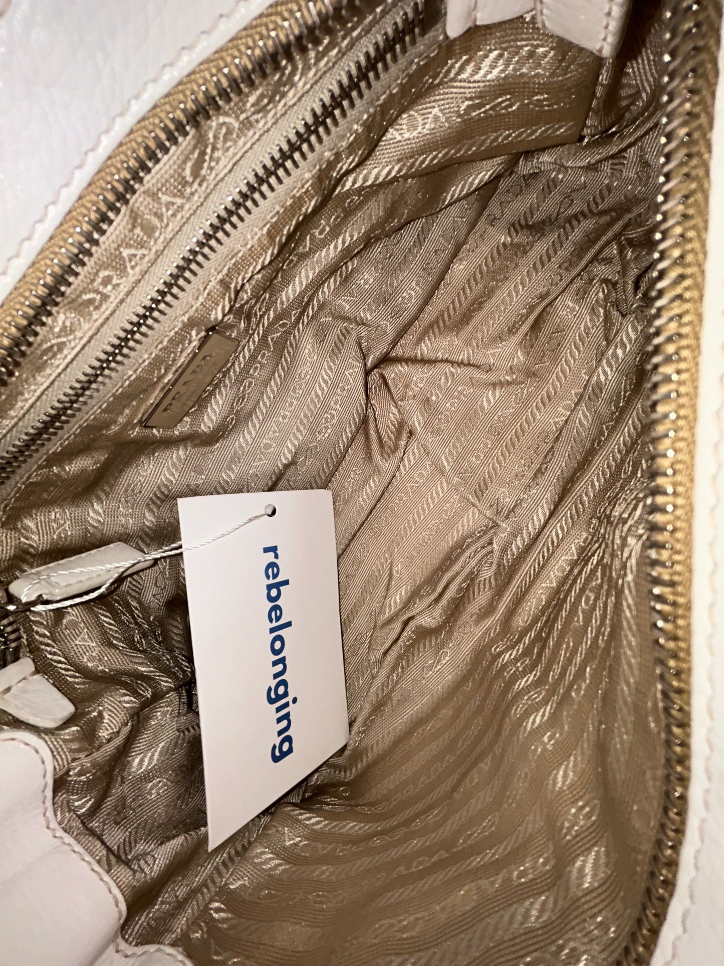 Prada White Leather & Beige Nylon Shoulder Bag