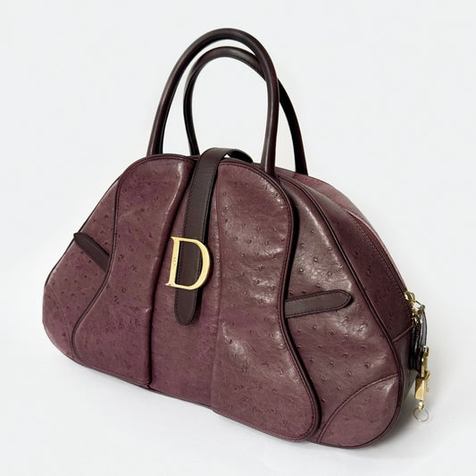 Christian Dior Large Purple Ostrich Double Saddle Bowler Bag