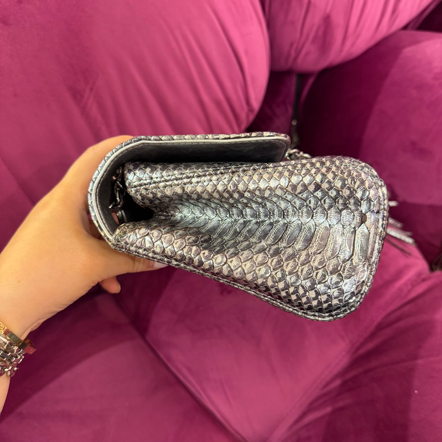 Chanel 2007 Silver Python Soho Tassel Flap Bag