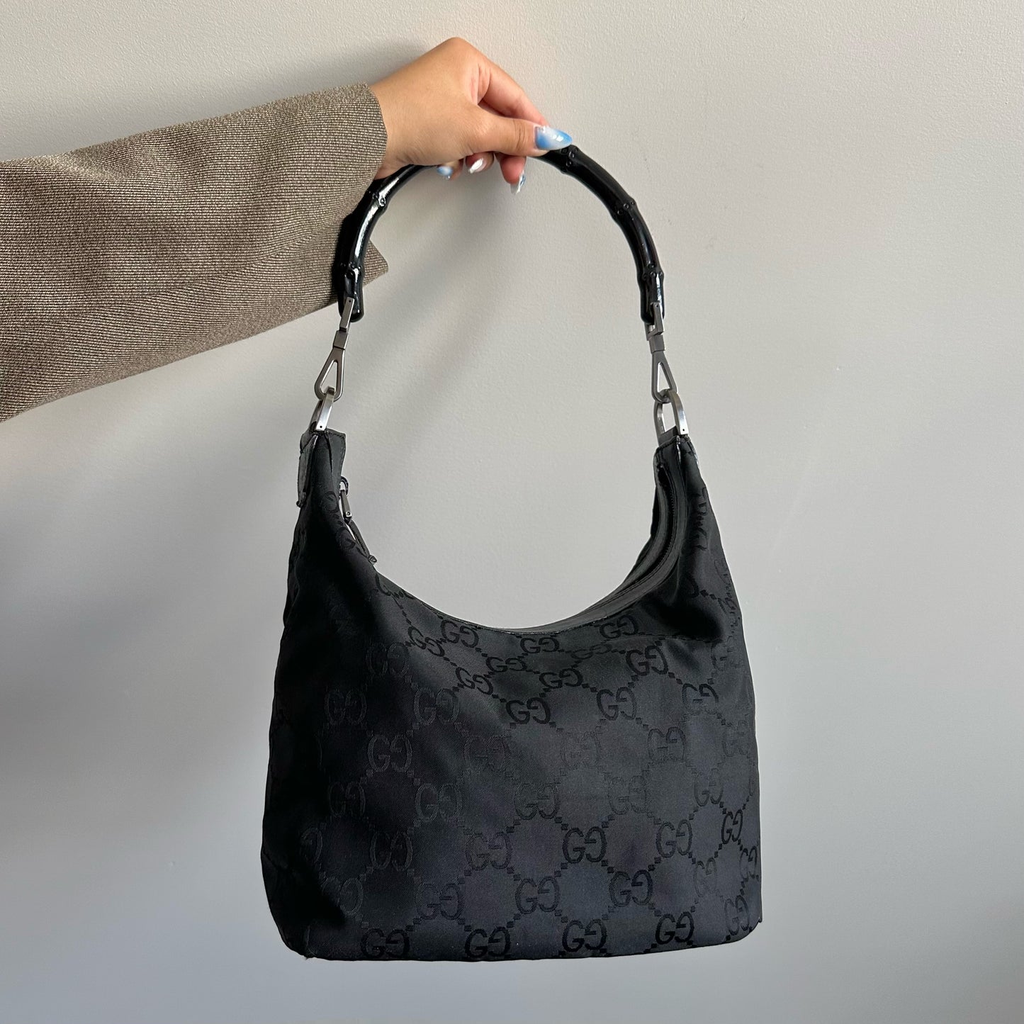 Gucci Black Bamboo Handle Monogram Hobo Bag