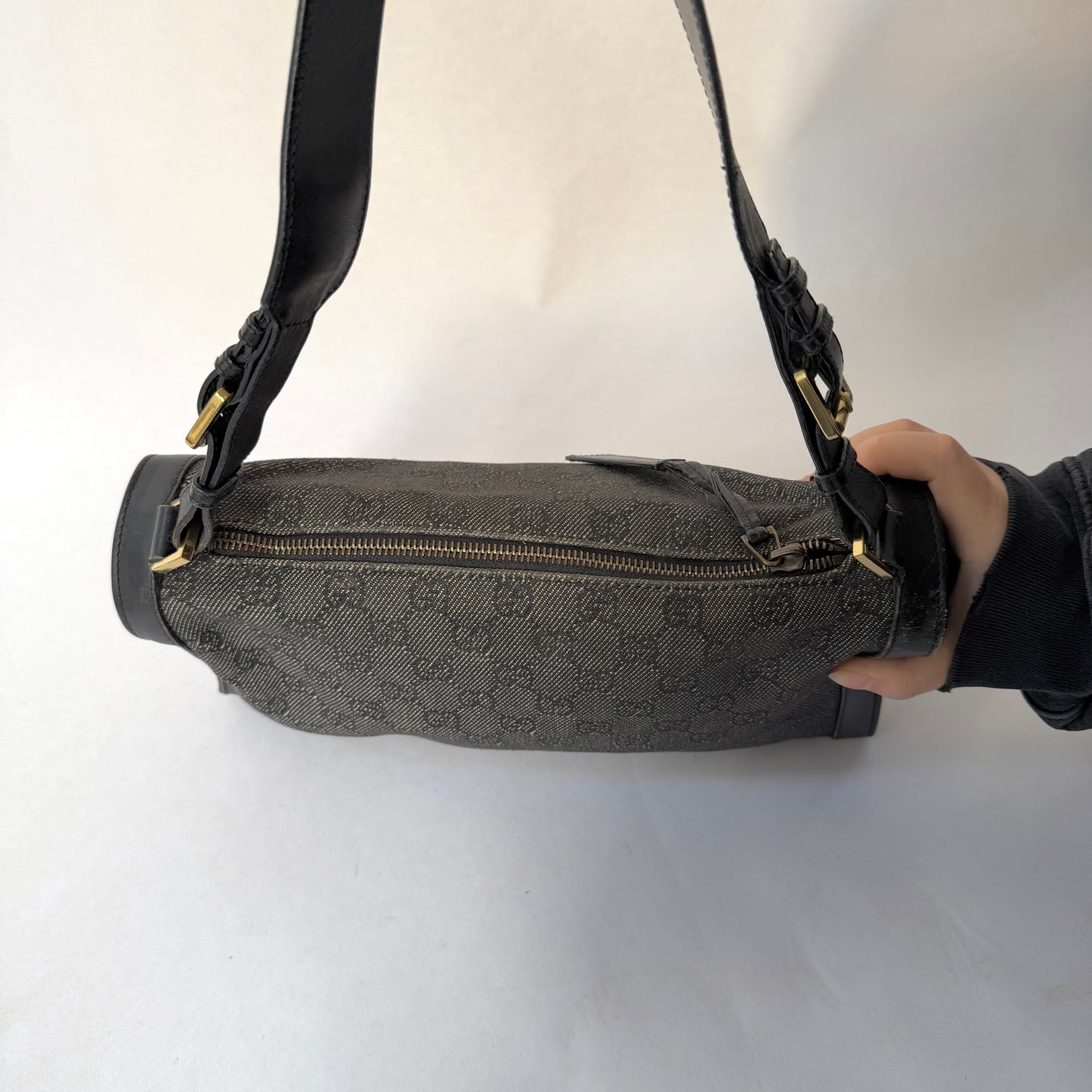 Gucci Black Denim & Leather Monogram Shoulder Bag