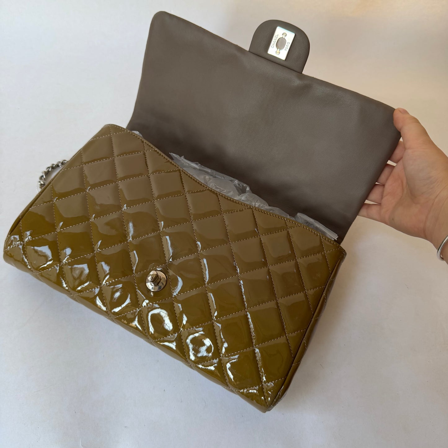 Chanel 2011 Patent Khaki Leather Classic Flap Clutch Shoulder Bag