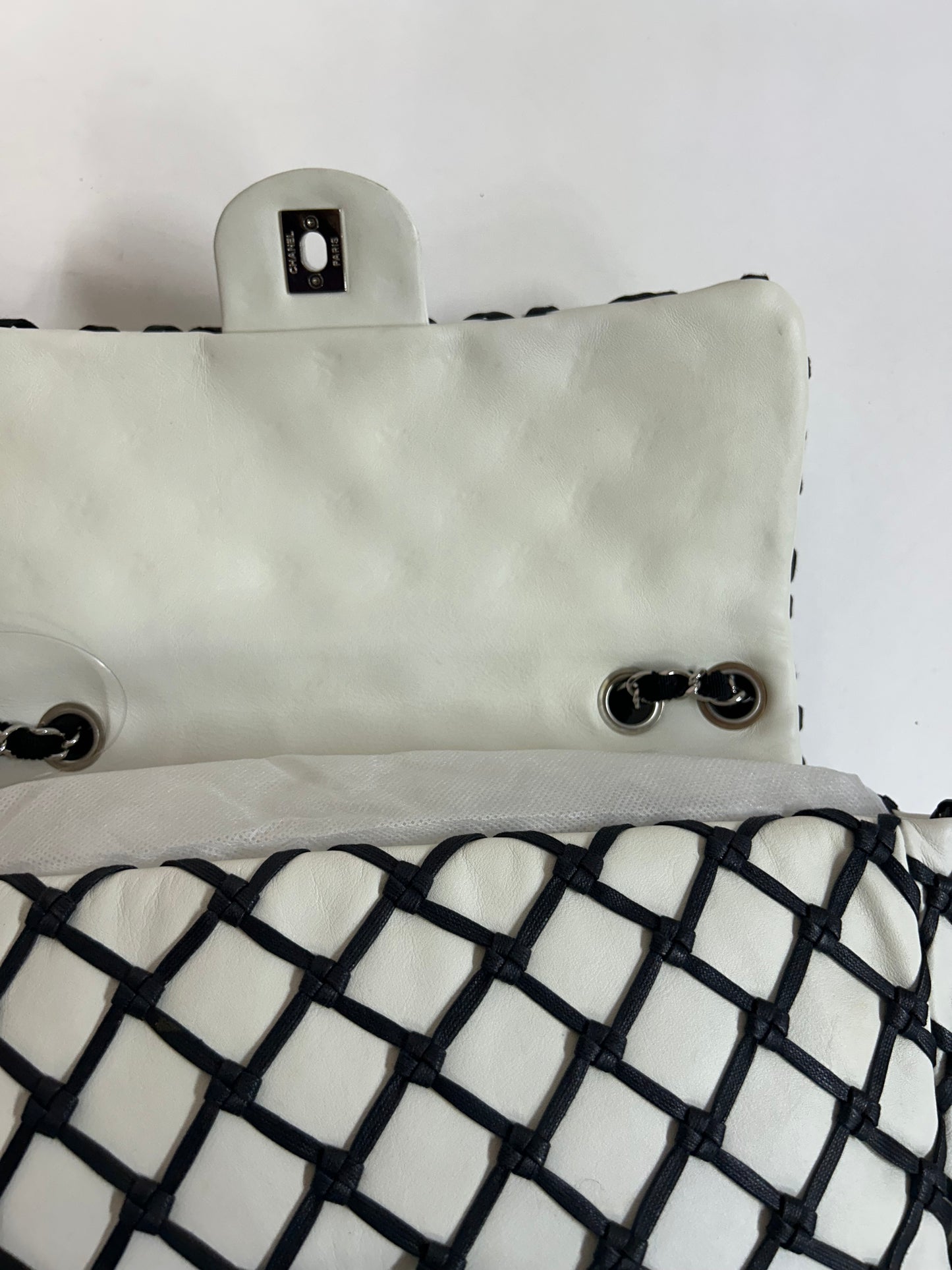 Chanel White & Black Lambskin Leather Canebiers Jumbo Net Flap SHW