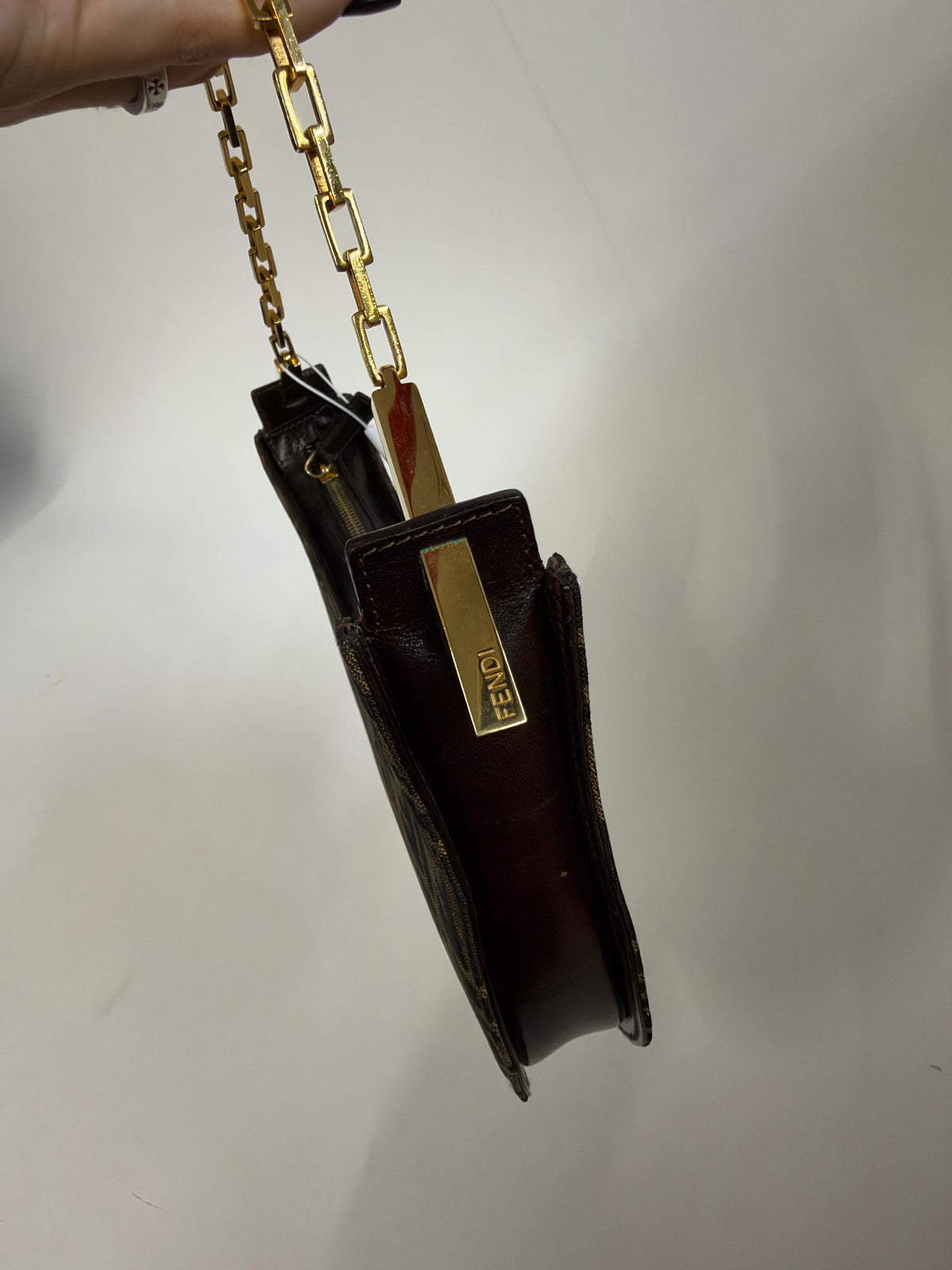Fendi Zucca Monogram Moon Shoulder Bag w/ Chain Strap