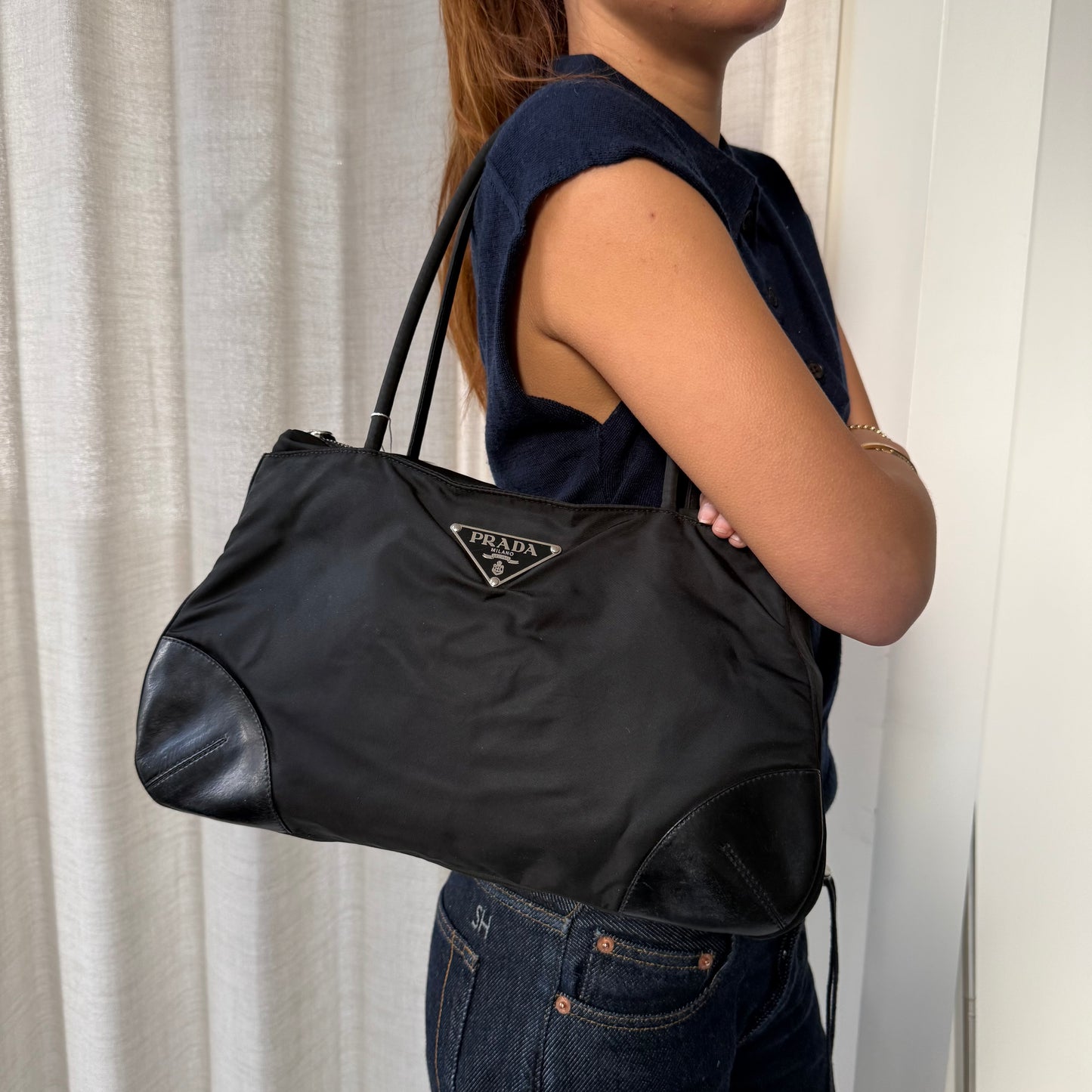 Prada Black Nylon & Leather Shoulder Bag