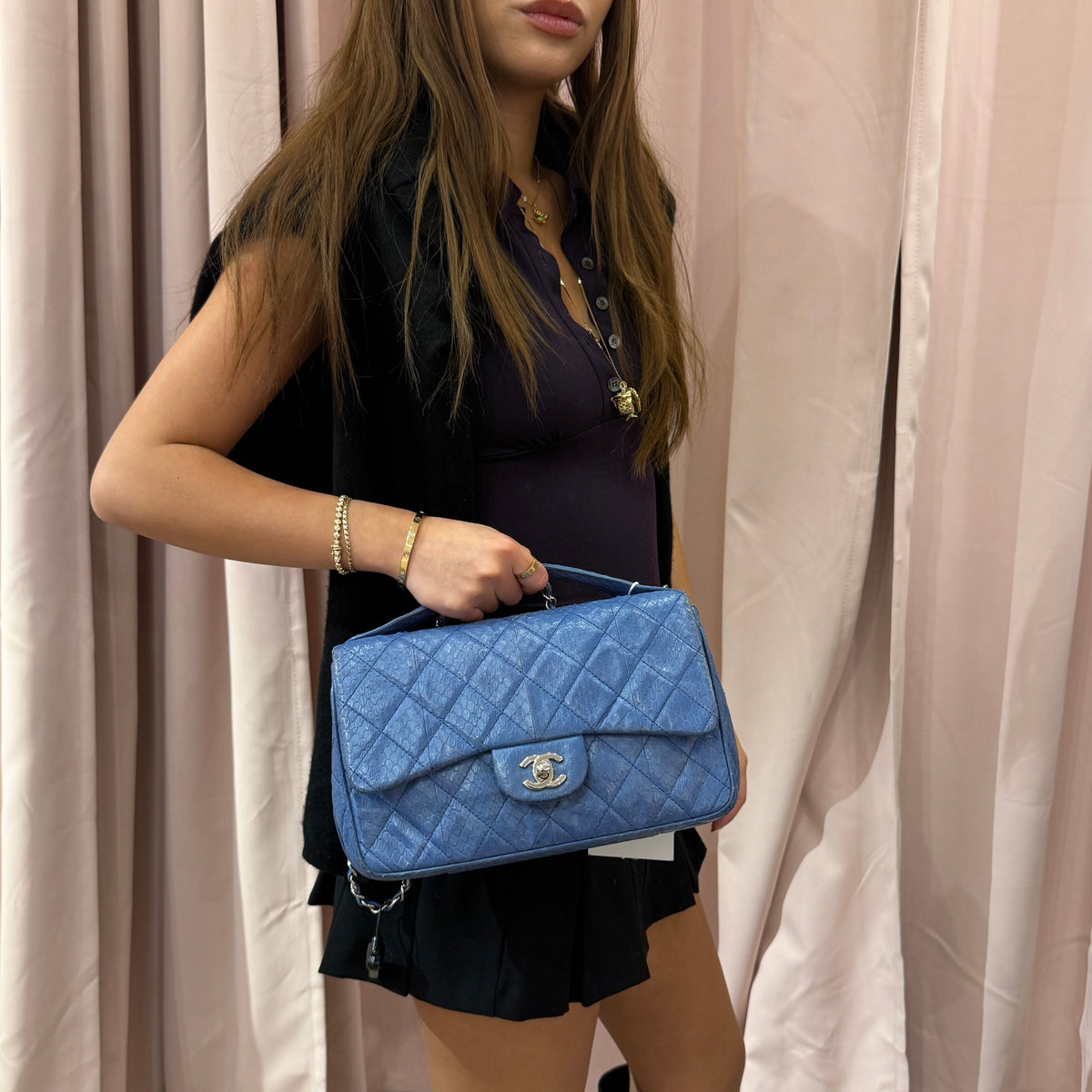 Chanel Blue Python Top Handle Flap Bag w/ Crossbody Strap
