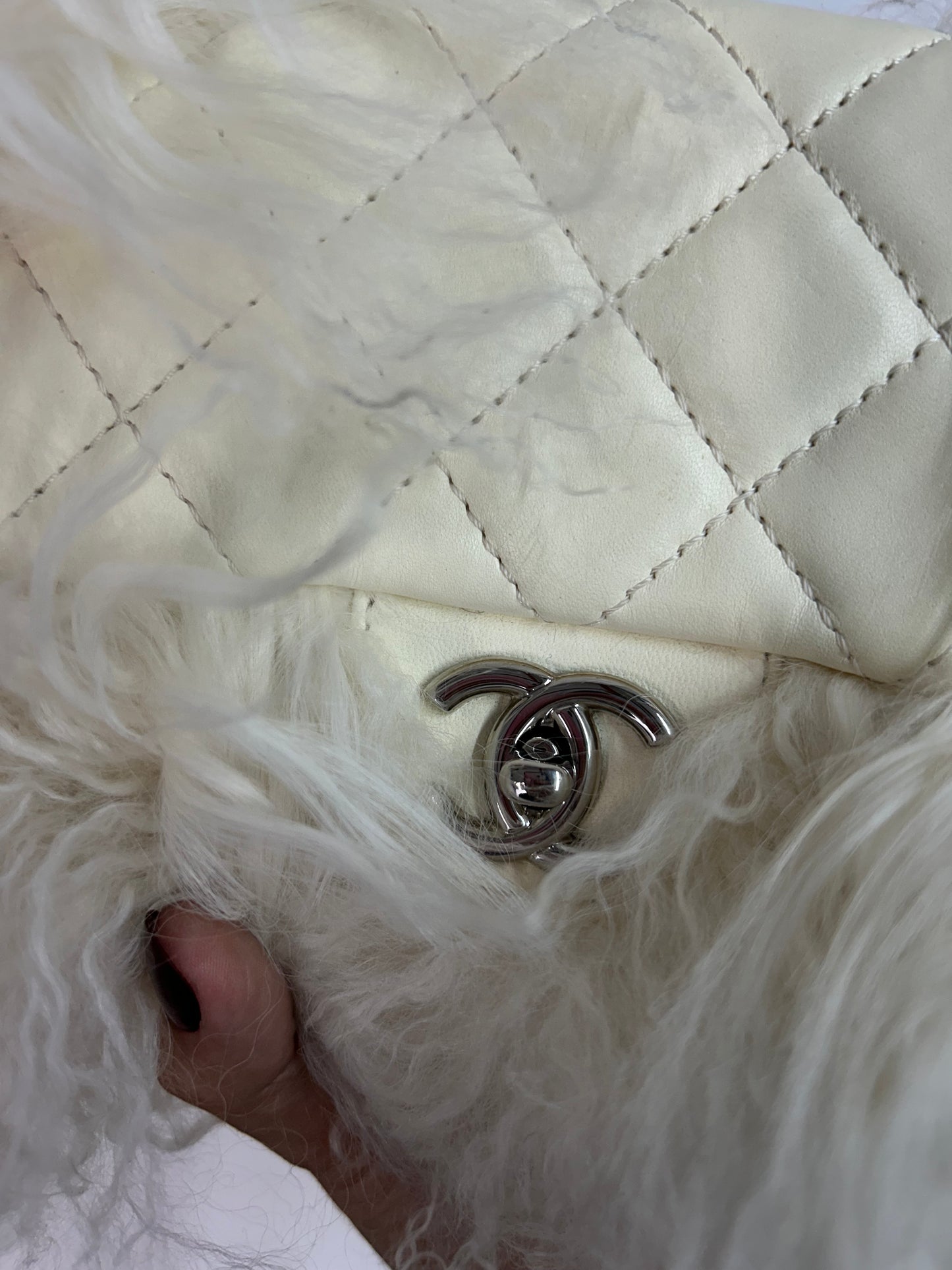 RARE Chanel White Lambskin & Mongolian Fur Mini Flap SHW