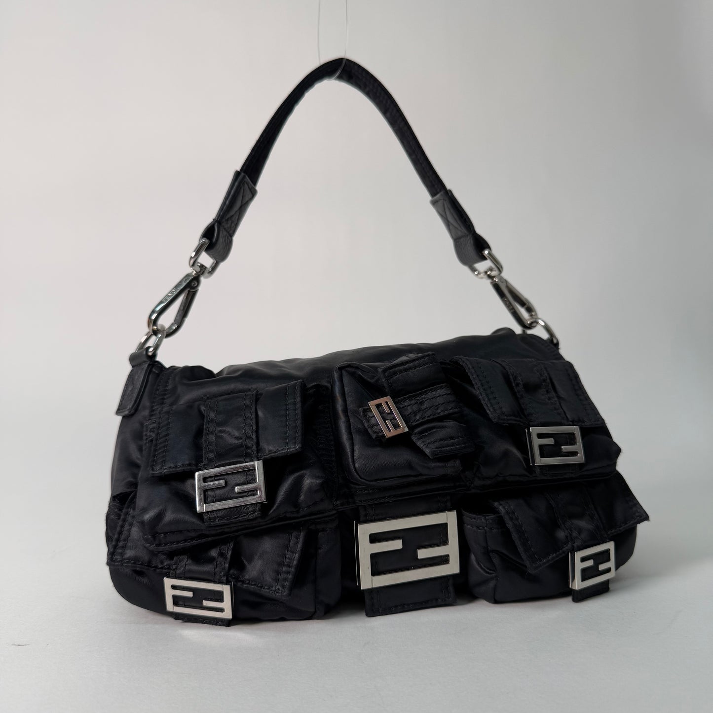 Fendi AW22 Multi Pocket Black Nylon Baguette