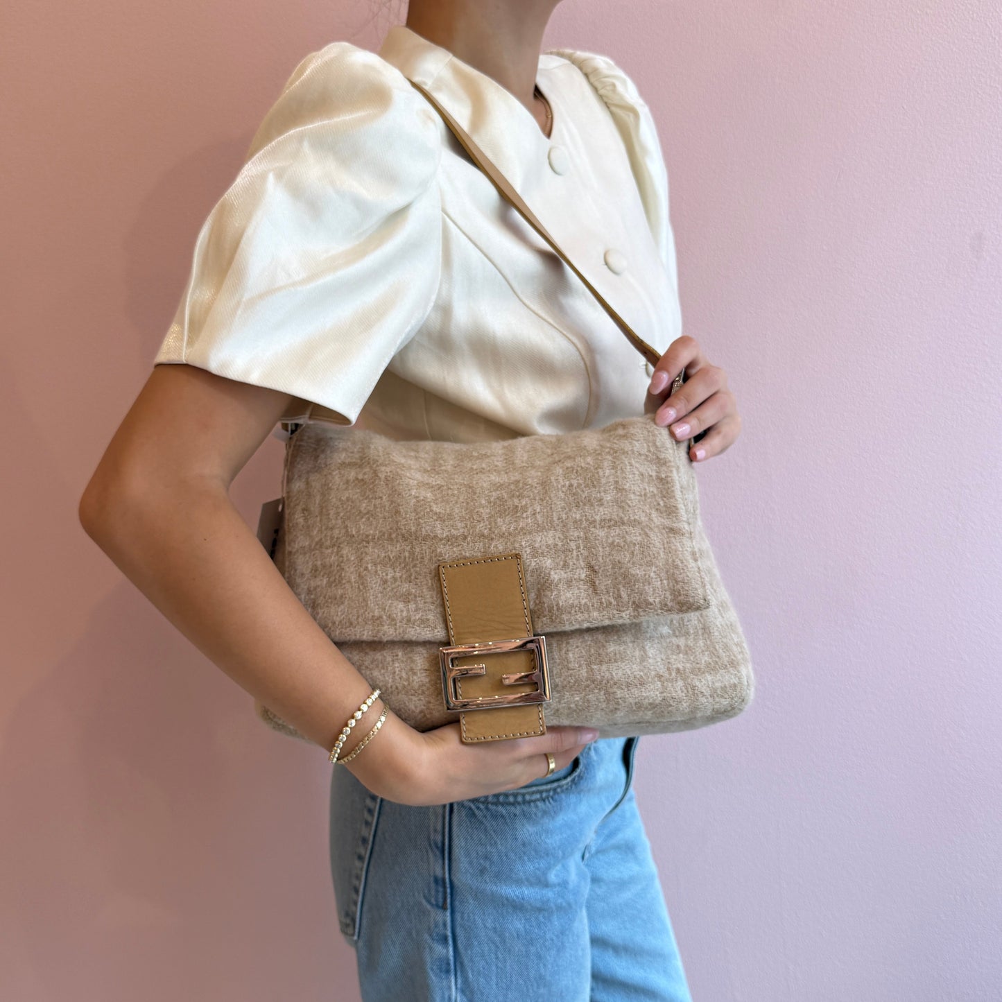 Fendi Beige Wool Zucca Monogram Mama Baguette Shoulder Bag