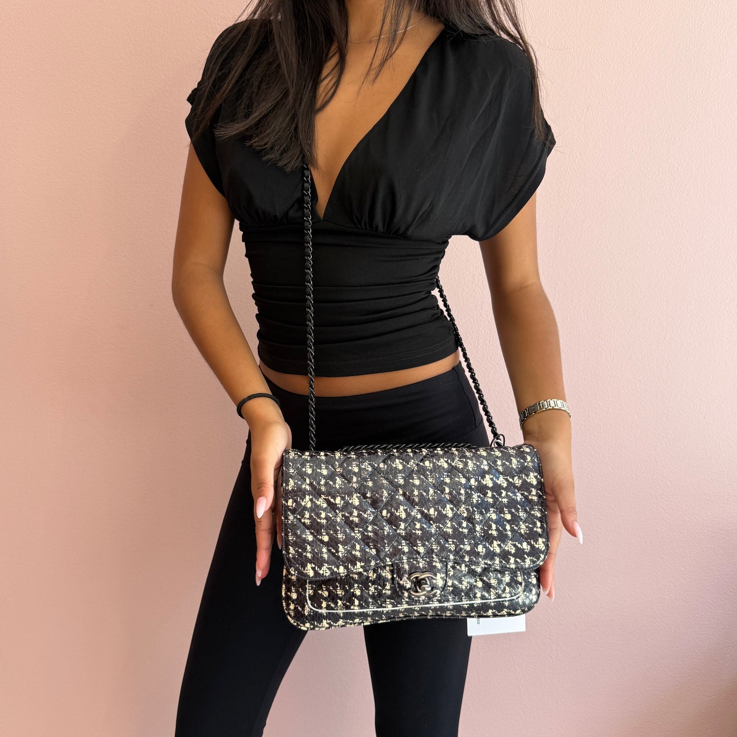 RARE Chanel Python Houndstooth Printed Accordion Flap Bag