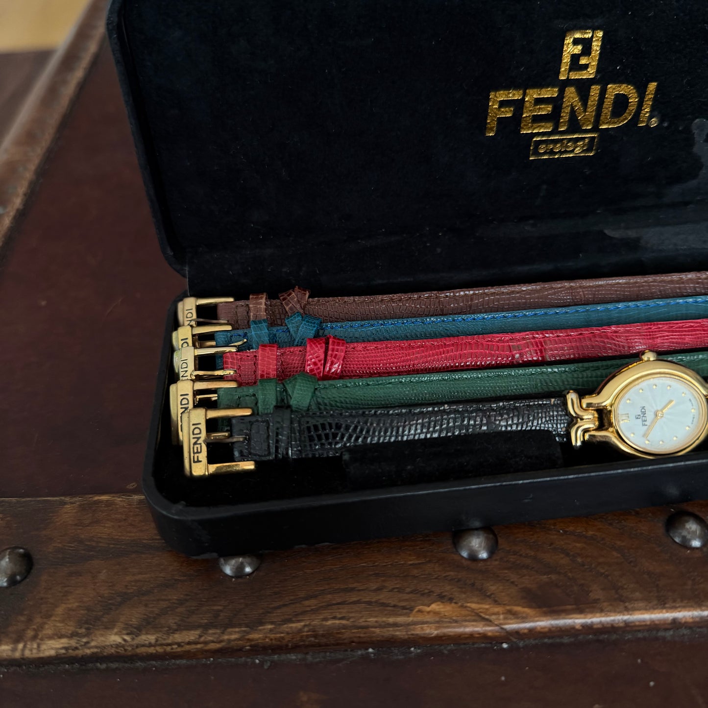 Fendi Mother Of Pearl 18k GP Watch w/ 5 Interchangeable Snake Embossed Leather Straps