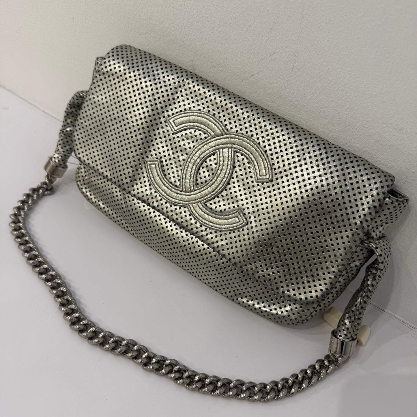 Chanel 2008 Silver Metallic Perforated Leather Rodeo Drive Shoulder Bag