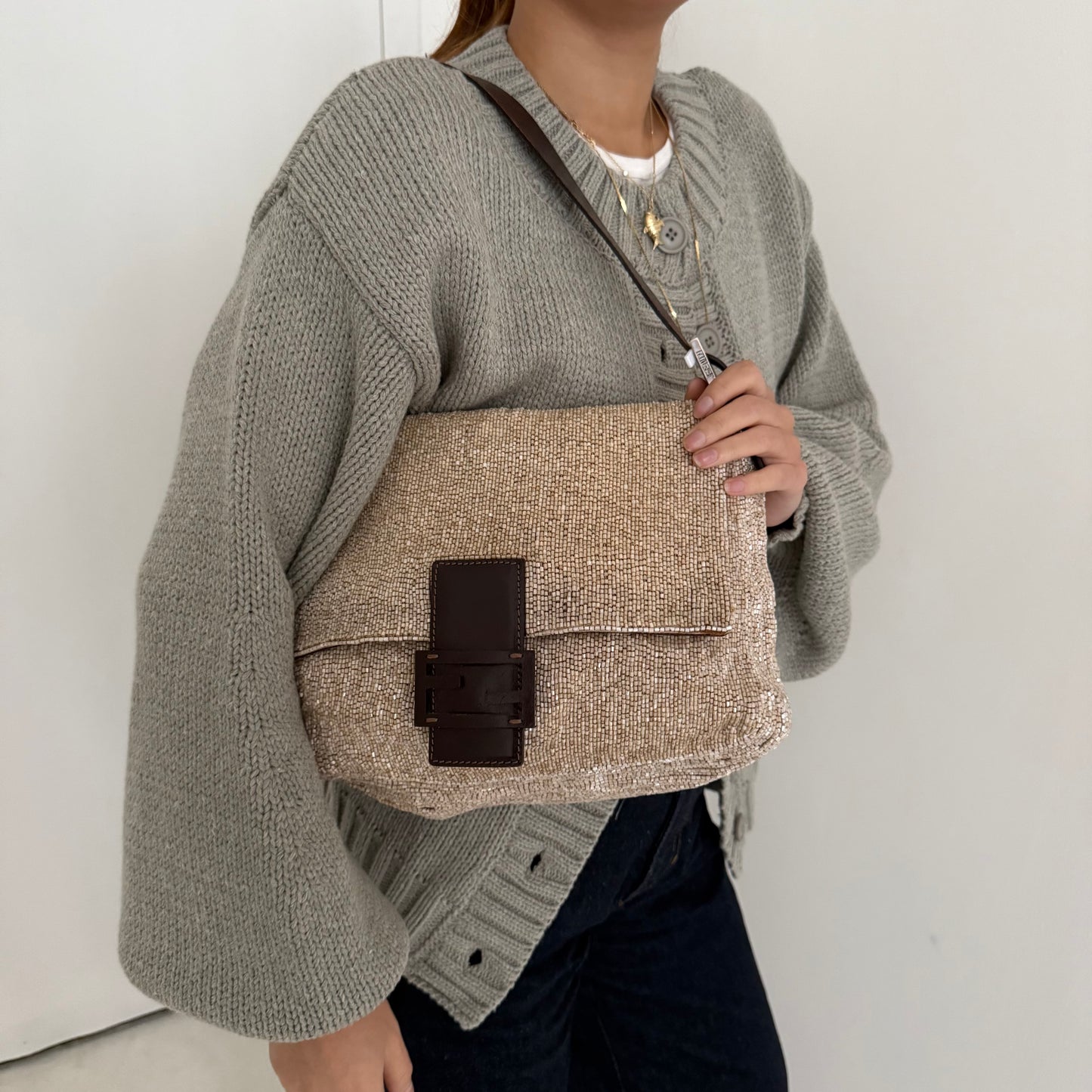 Fendi Cream Beaded Mamma Baguette Shoulder Bag