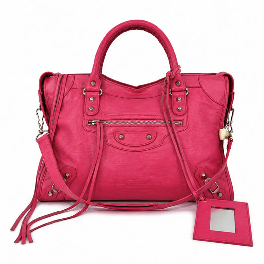 Balenciaga Neon Pink Leather Lizard Embossed Agneau Hardware Medium Le City Bag