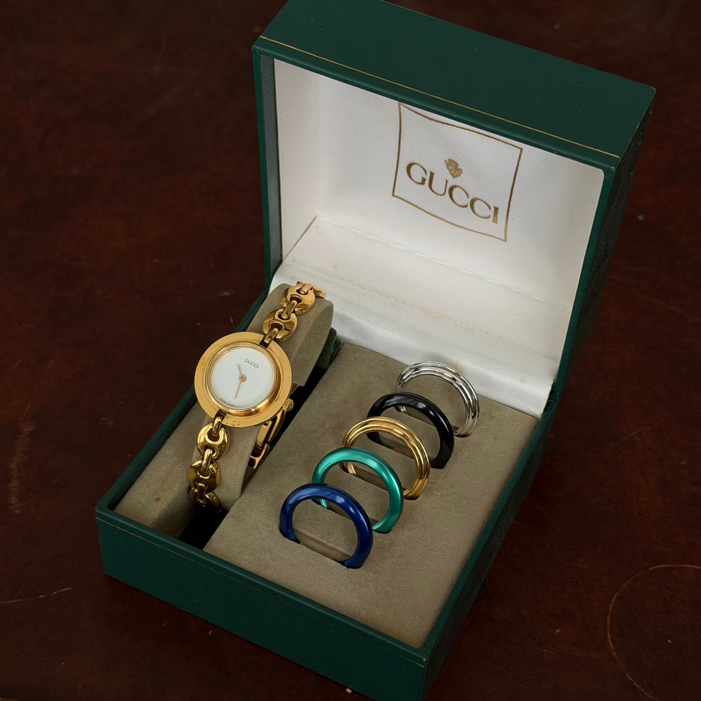 Gucci Gold Mariner Link White Dial Bezel Watch w/ 5 Bezels