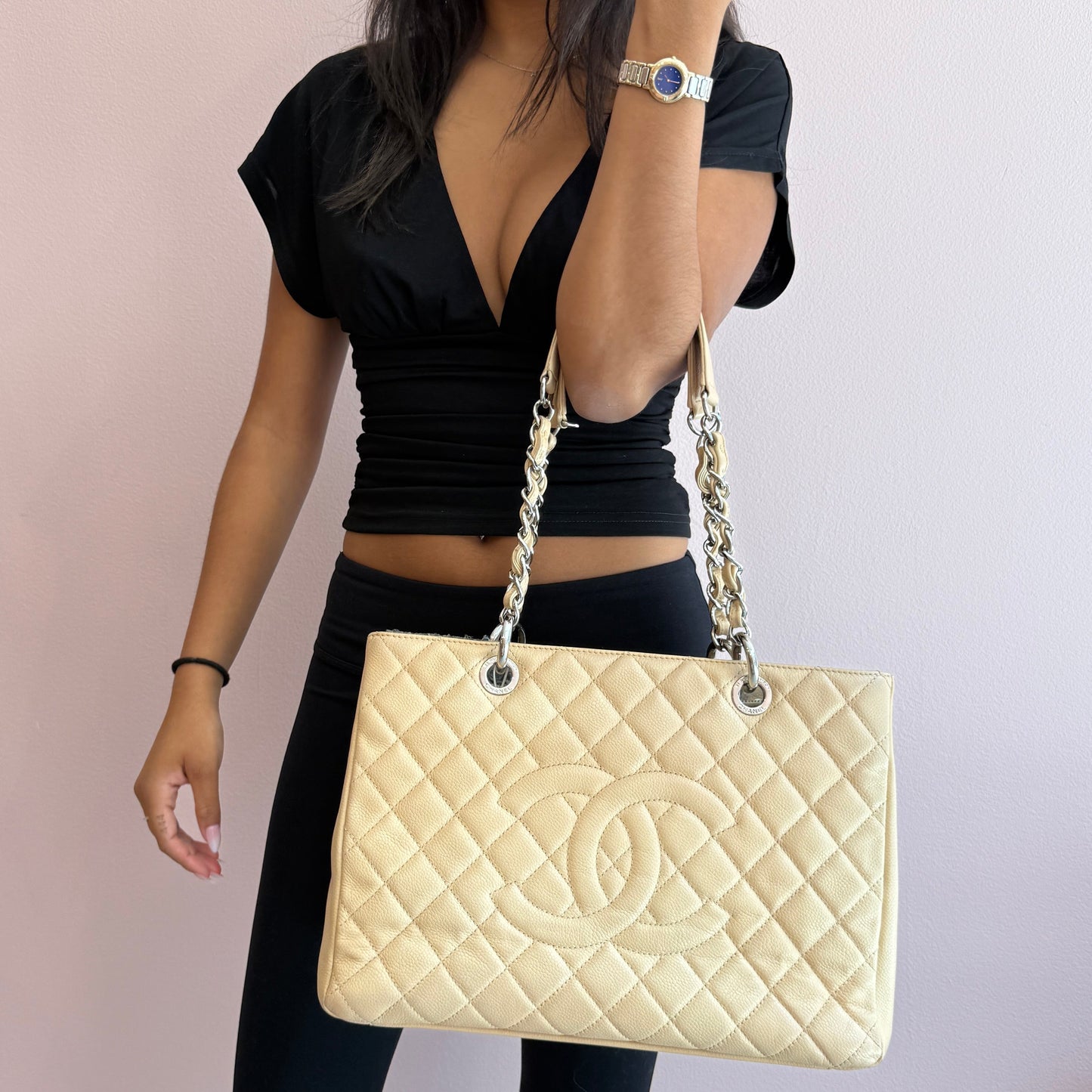 Chanel Beige Caviar Leather Grand Tote Bag