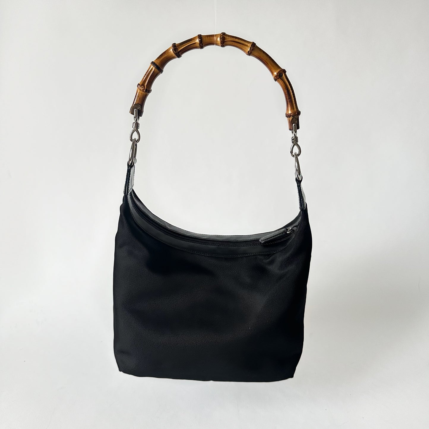 Gucci Black Nylon Bamboo Handle Hobo Tote