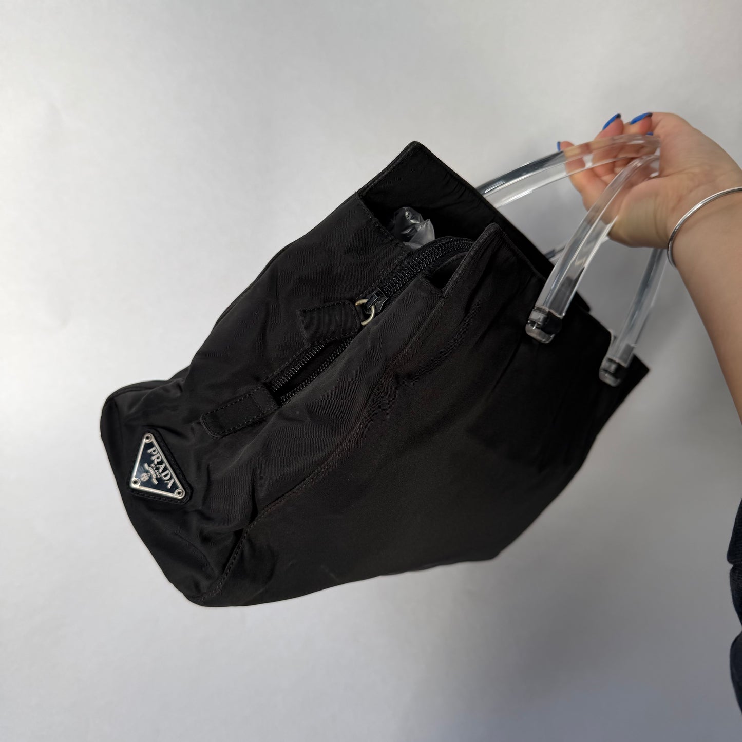 Prada Black Nylon Long Tote w/ Acrylic Handle