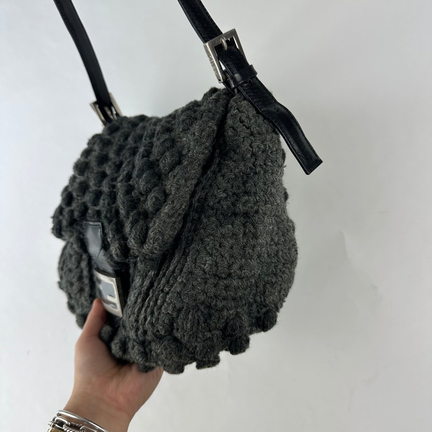Fendi Gray Wool Textured Mama Baguette