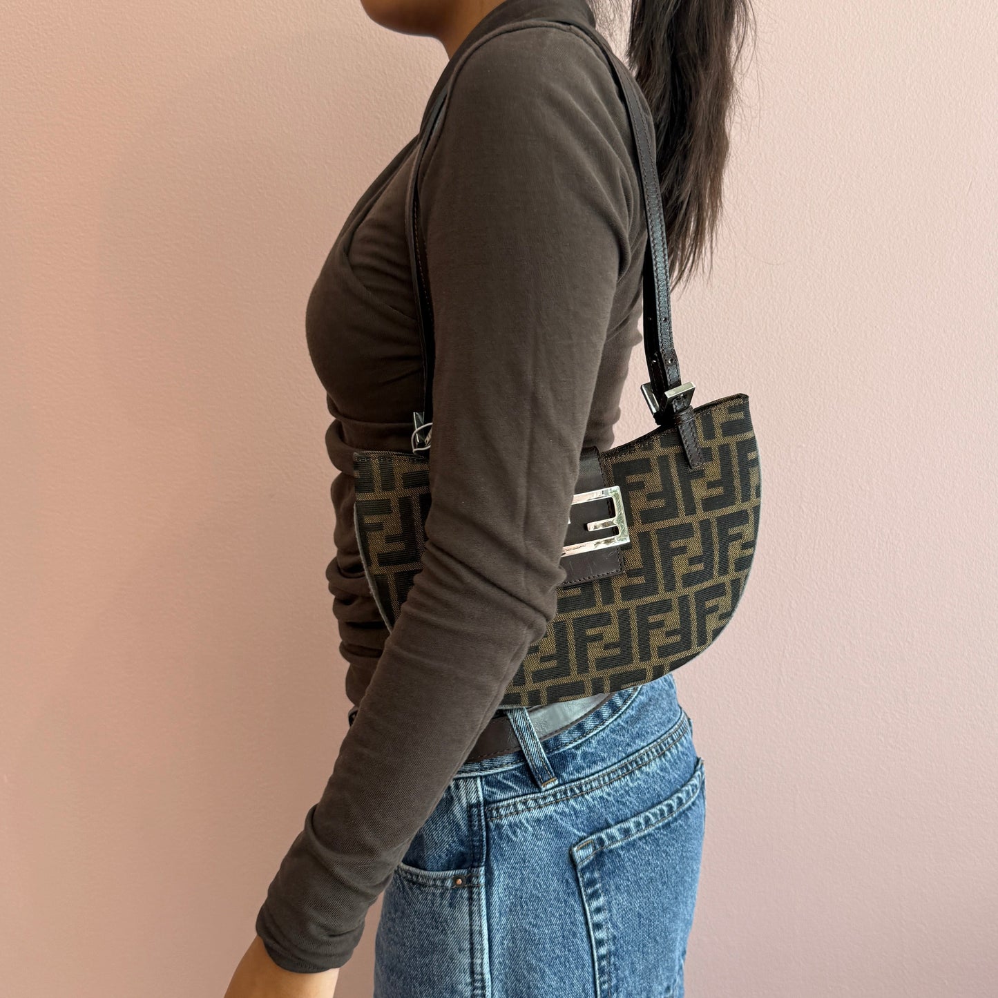 Fendi Brown Canvas & Leather Zucca Monogram Half-moon Shoulder Bag