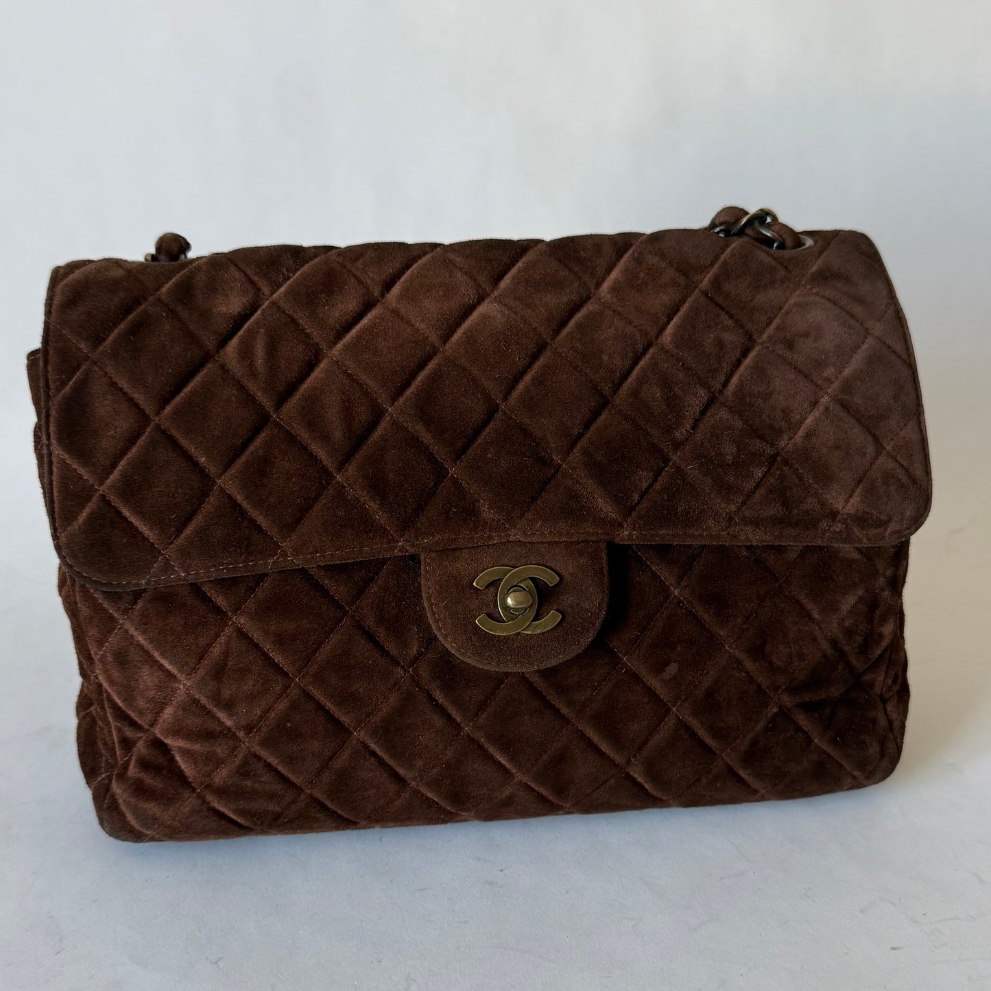 Chanel Brown Suede Antique Gold Hardware Large Flap