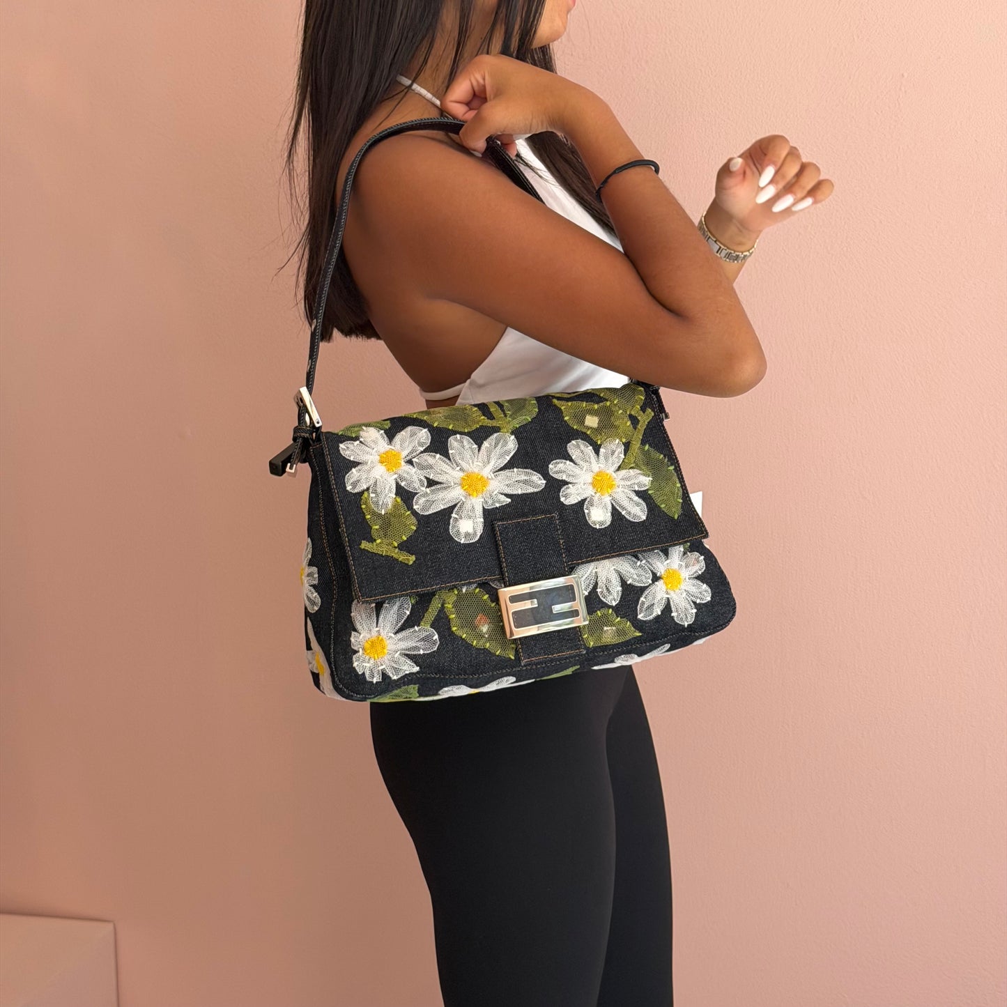 Fendi Denim Floral Embroidered Mamma Baguette Shoulder Bag