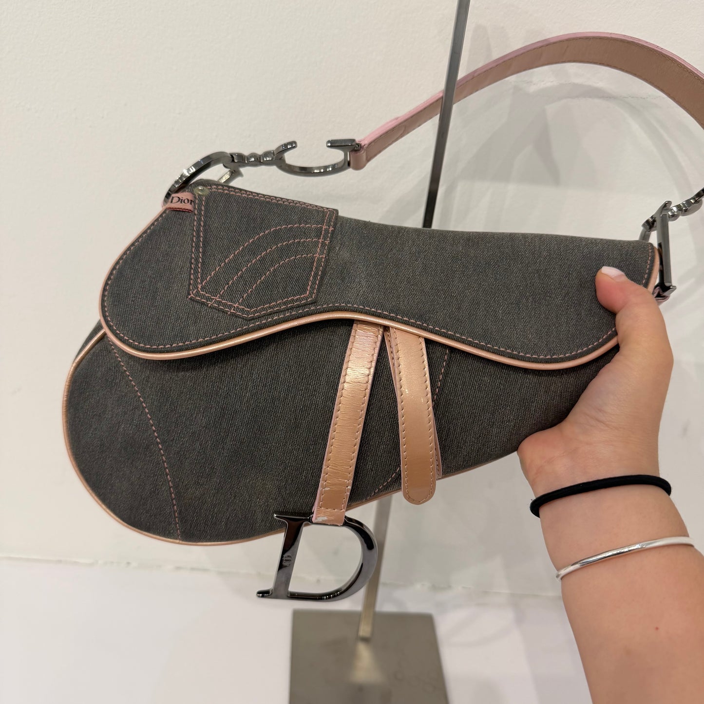 Christian Dior Gray Denim & Pink Patent Leather Saddle Shoulder Bag