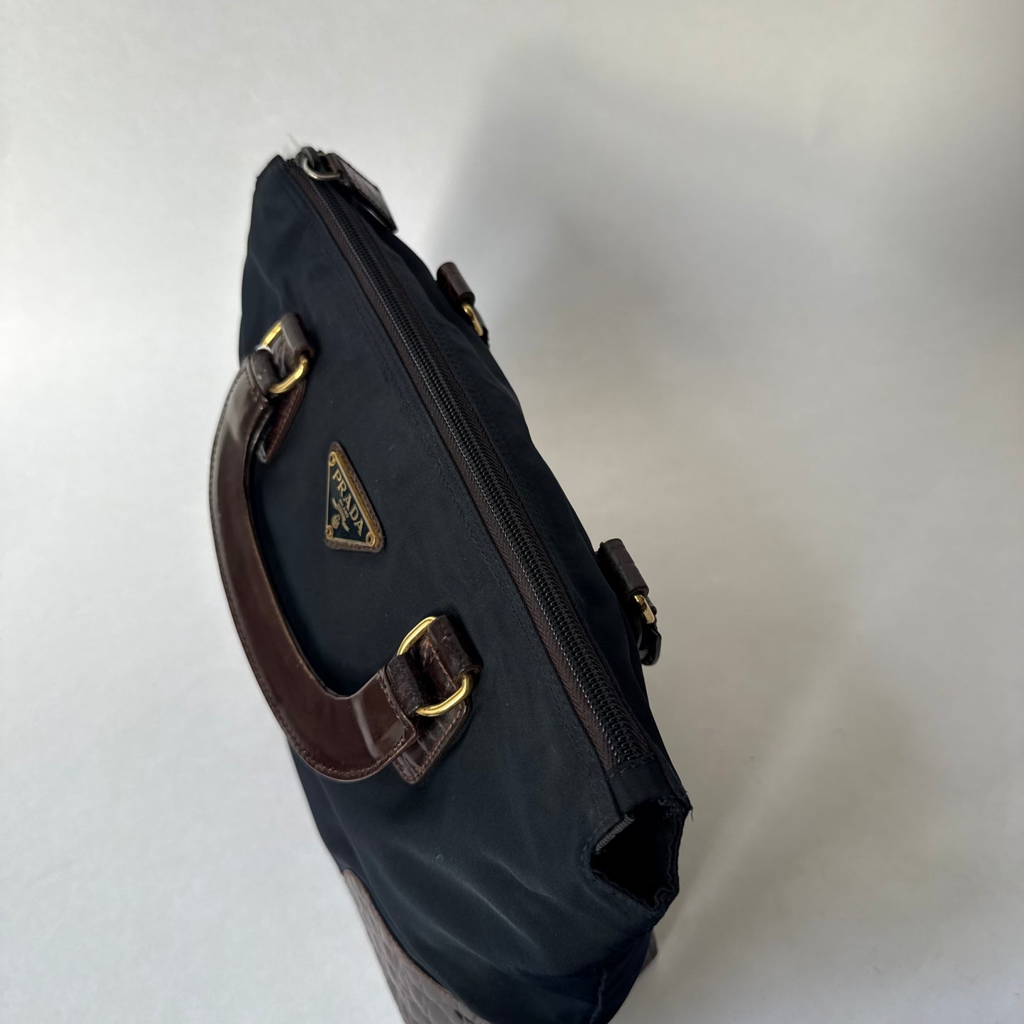 Prada Navy & Brown Nylon & Crocodile Top Handle Bag