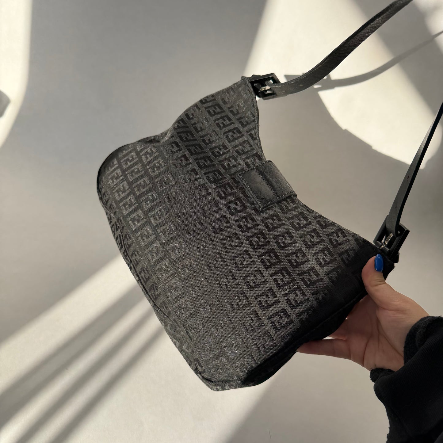 Fendi Black Zucchino Canvas Moon Hobo Bag