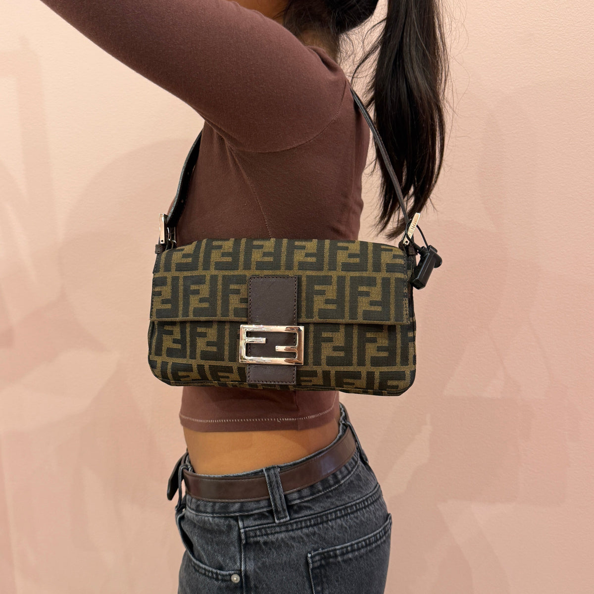 Fendi Brown Canvas Zucca Monogram Baguette Shoulder Bag